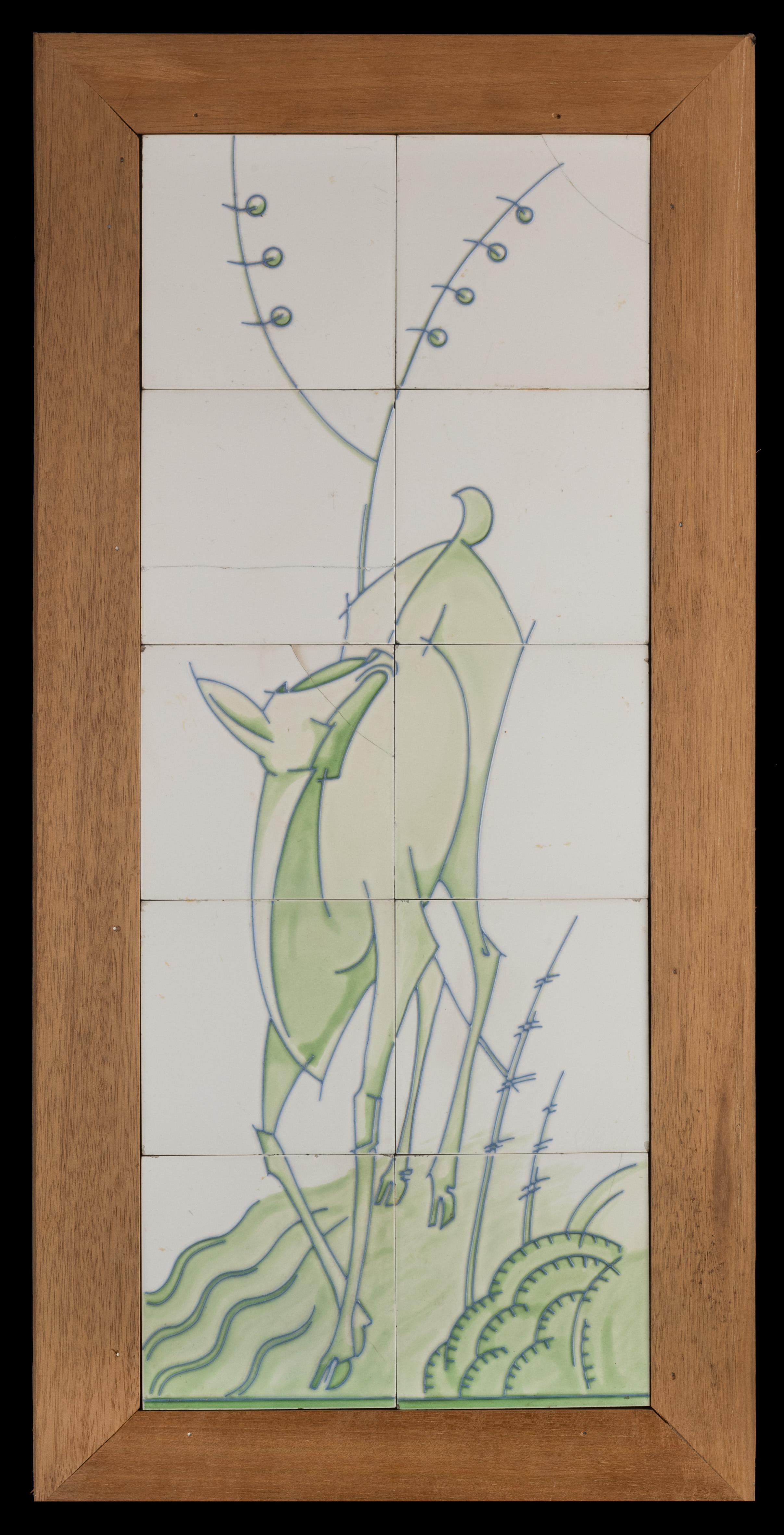 Schönes Art-Déco-Fliesentableau, bestehend aus 10 Fliesen, hergestellt bei Manufactures Céramiques d'Hemixem Gilliot & Cie, Hemiksem um 1925. Diese Tafel, auf der ein Hirsch abgebildet ist, ist ein Entwurf von Joseph Roelants (1881-1962), der von