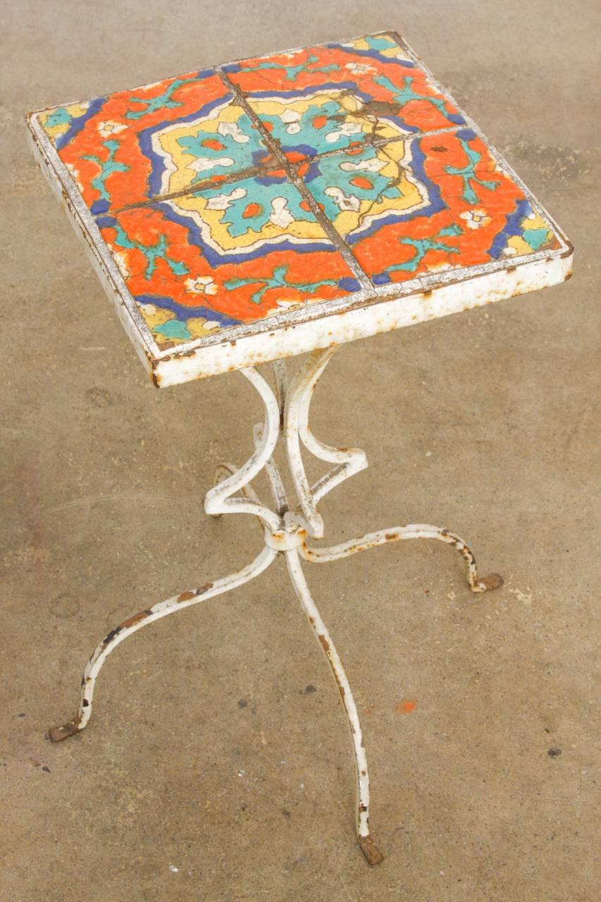 Wrought Iron Art Deco Tile-Top Drink Table by Catalina Tile