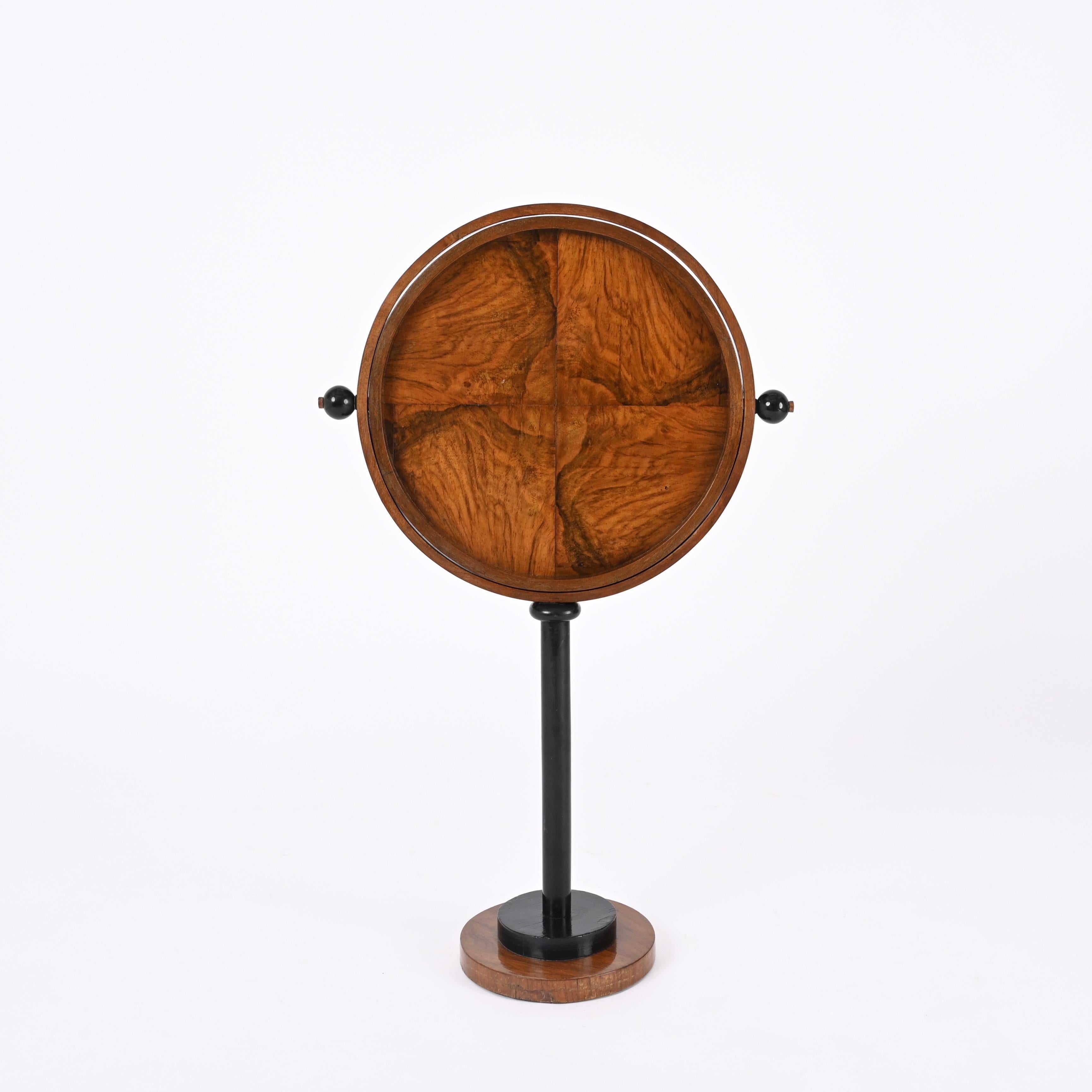 Hand-Crafted Art Deco Tilting Round Side Table in Olive Burl and Walnut, Italy 1930s