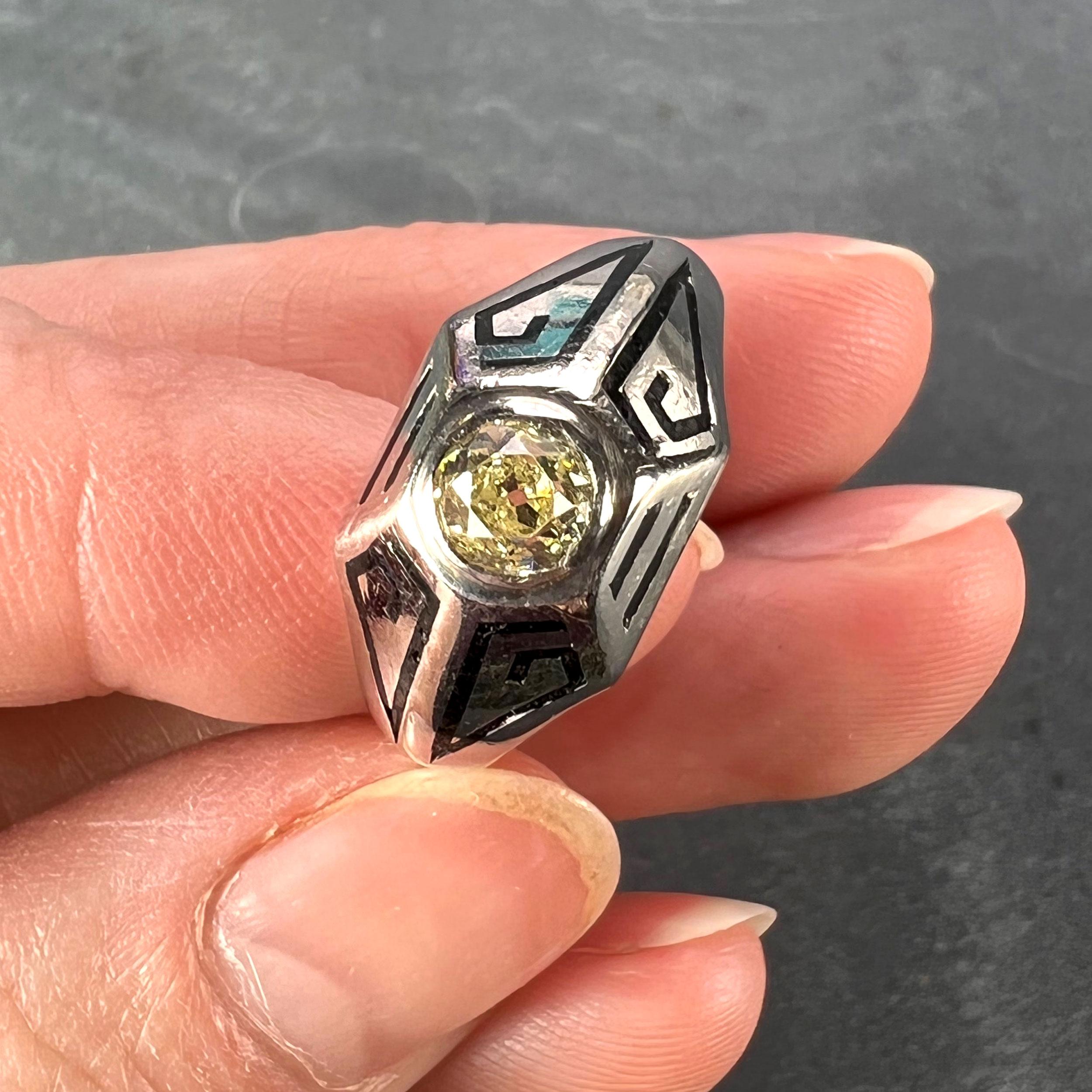 Art Deco Tinted Yellow Diamond 14K White Gold Enamel Ring For Sale 4