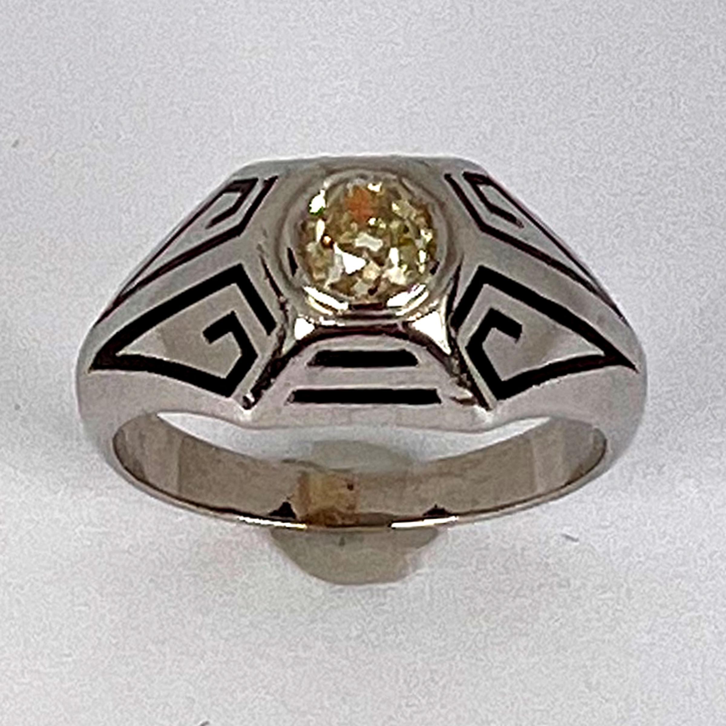 Old European Cut Art Deco Tinted Yellow Diamond 14K White Gold Enamel Ring For Sale