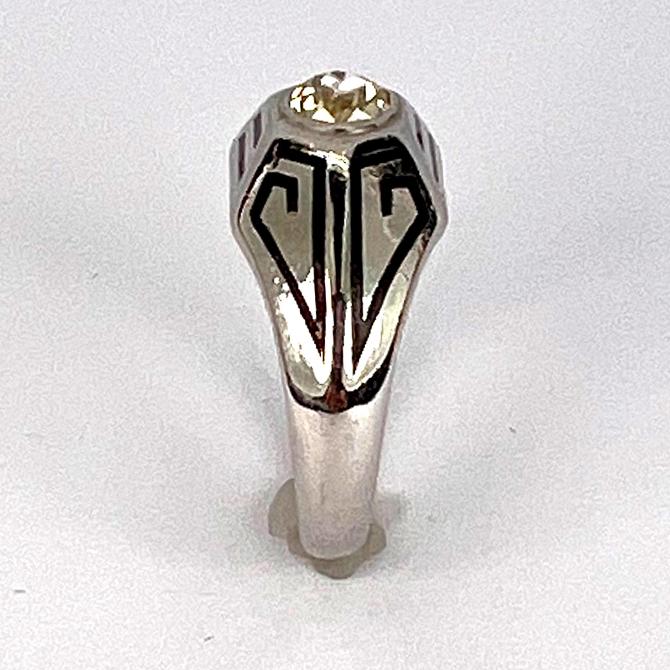 Men's Art Deco Tinted Yellow Diamond 14K White Gold Enamel Ring For Sale