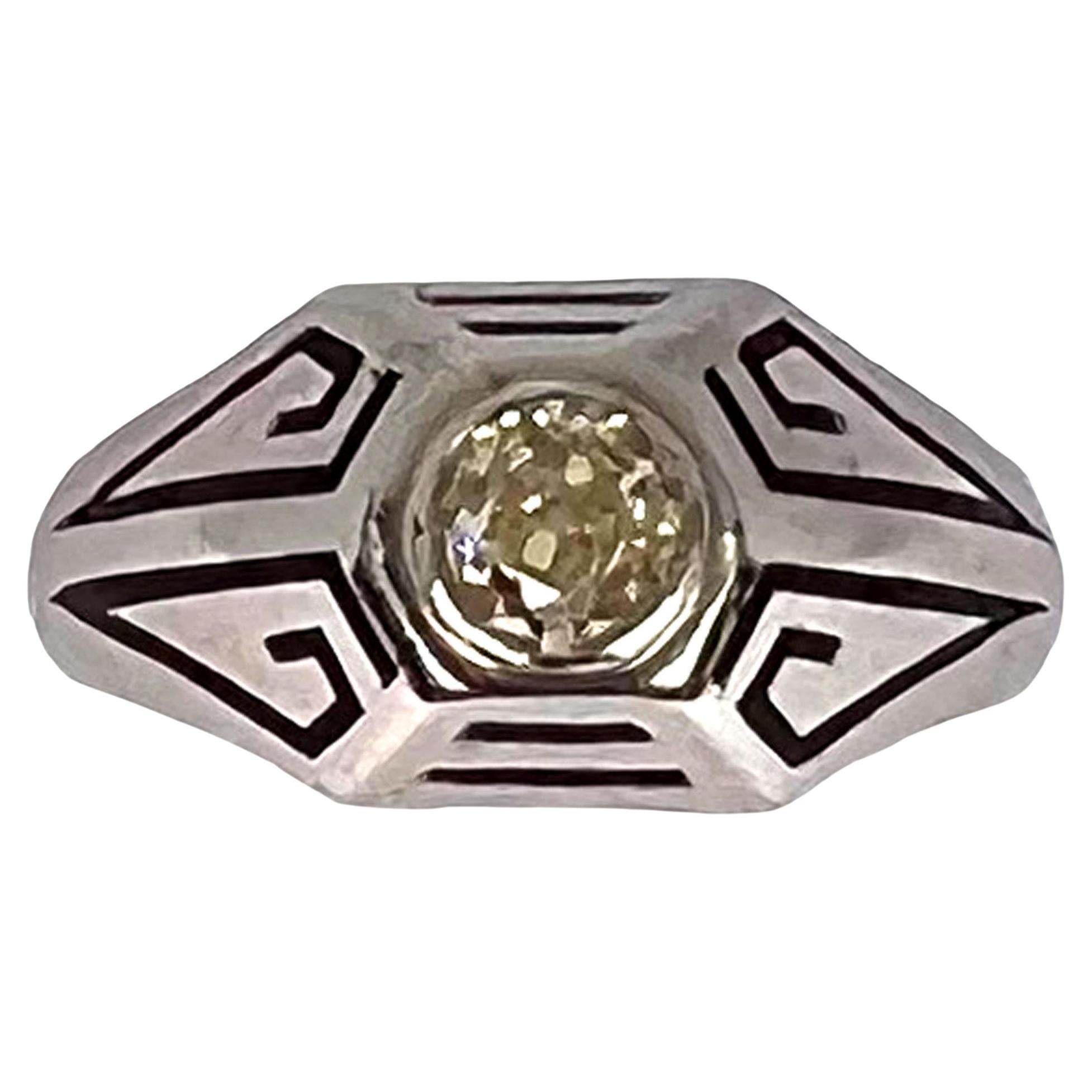 14 Karat Weißgold Emaille-Ring mit getöntem gelbem Diamant im Art déco-Stil im Angebot