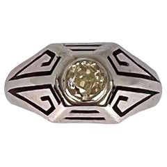 Art Deco Tinted Yellow Diamond 14K White Gold Enamel Ring