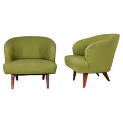 Art Deco to MCM Green Bucket or Barrel Style Accent or Lounge Chairs a Pair