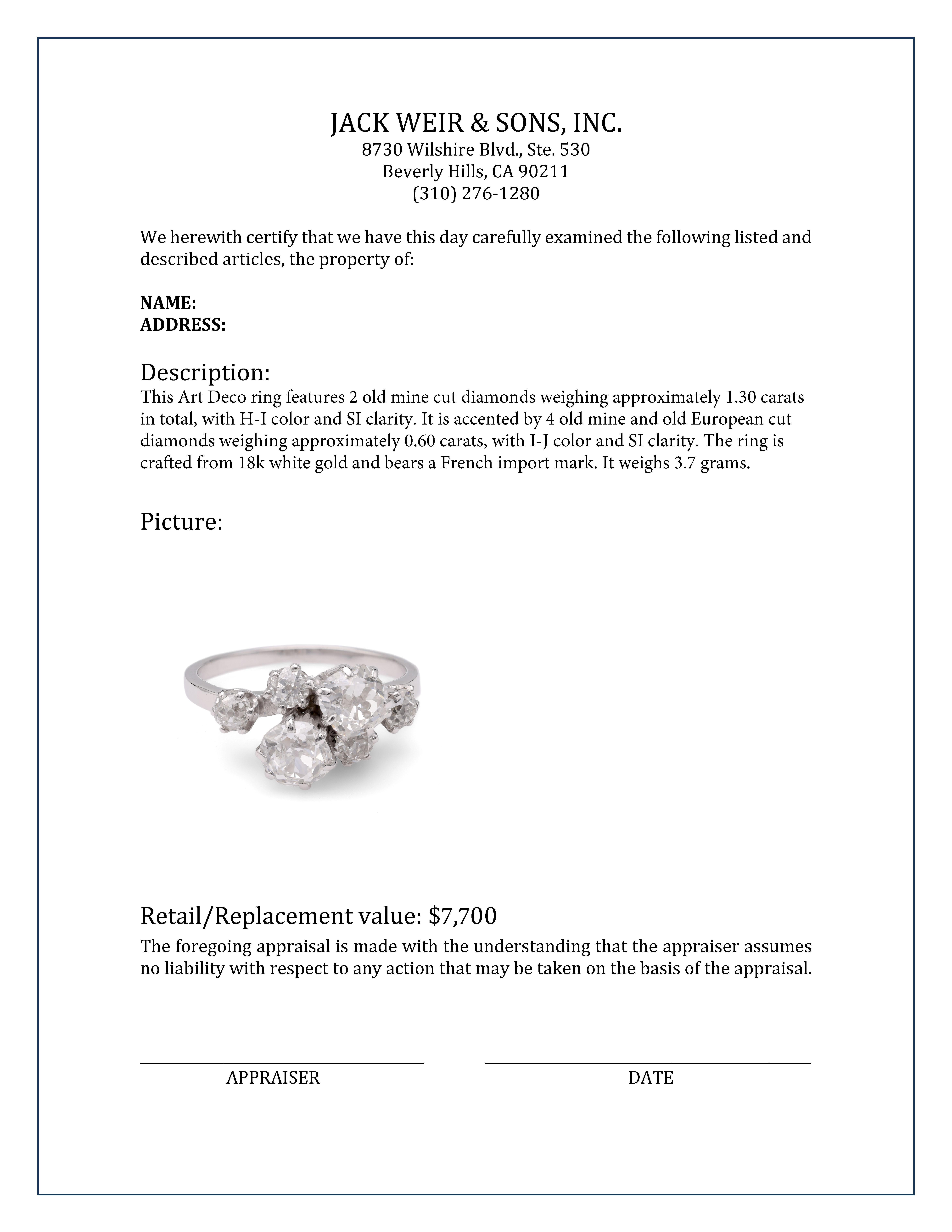 Women's or Men's Art Deco Toi Et Moi 1.90 Carat Diamond Gold Ring