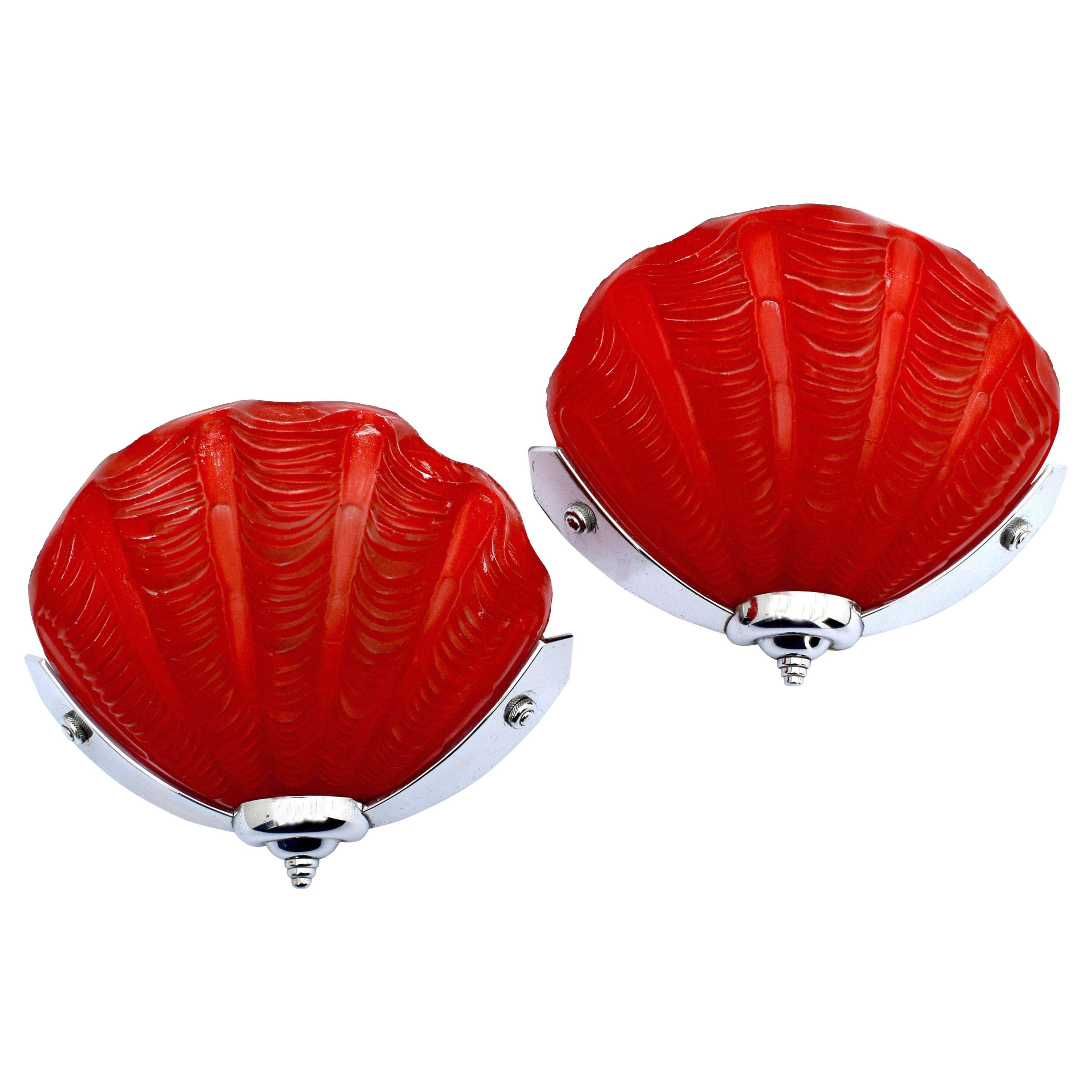 Art Deco Tomato Red Pair of Matching Shell Wall Light Sconces, 1930s