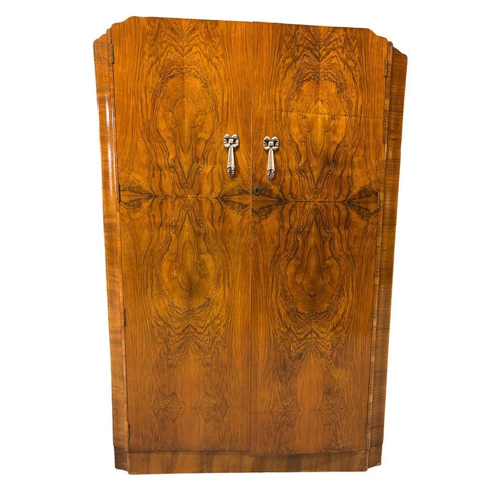 1930 Art Deco Gentleman's Walnut Armoire by Raven Furniture K&T t with original key and fully working locking doors. This wardrobe features a 