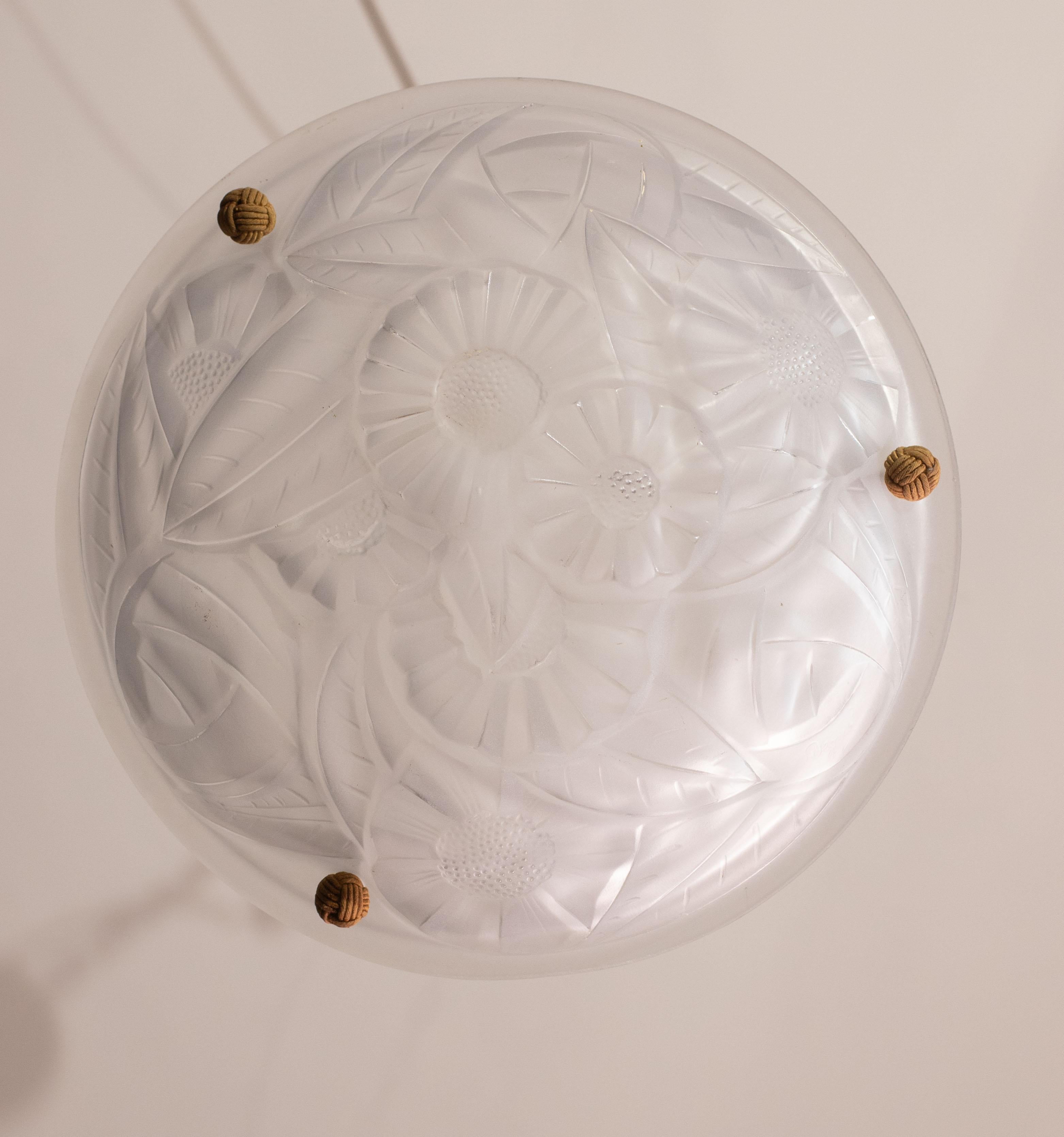 Art Deco Top Quality Pendant Light Floral decorations, Signed Degué For Sale 5