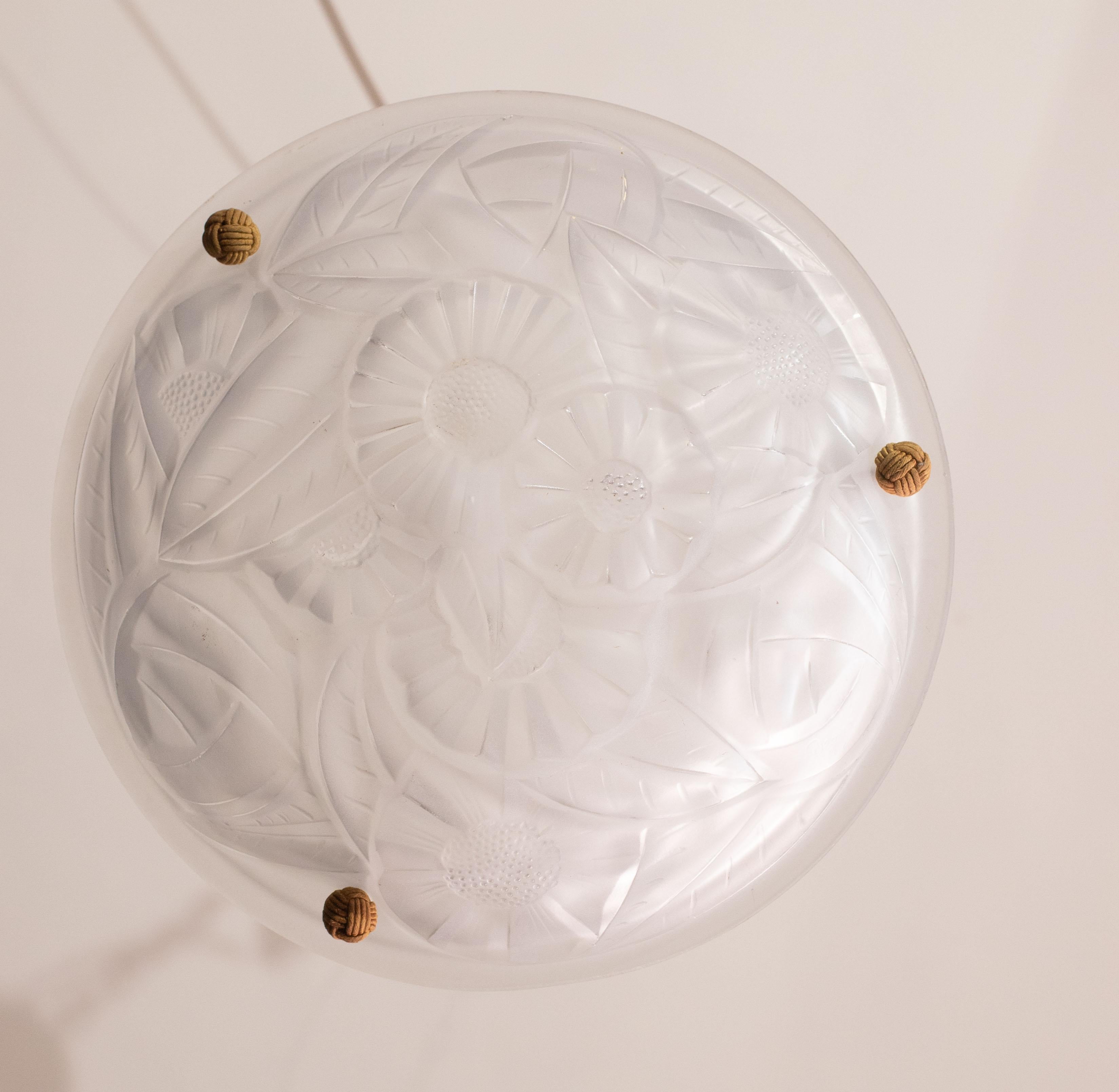 Art Deco Top Quality Pendant Light Floral decorations, Signed Degué For Sale 6