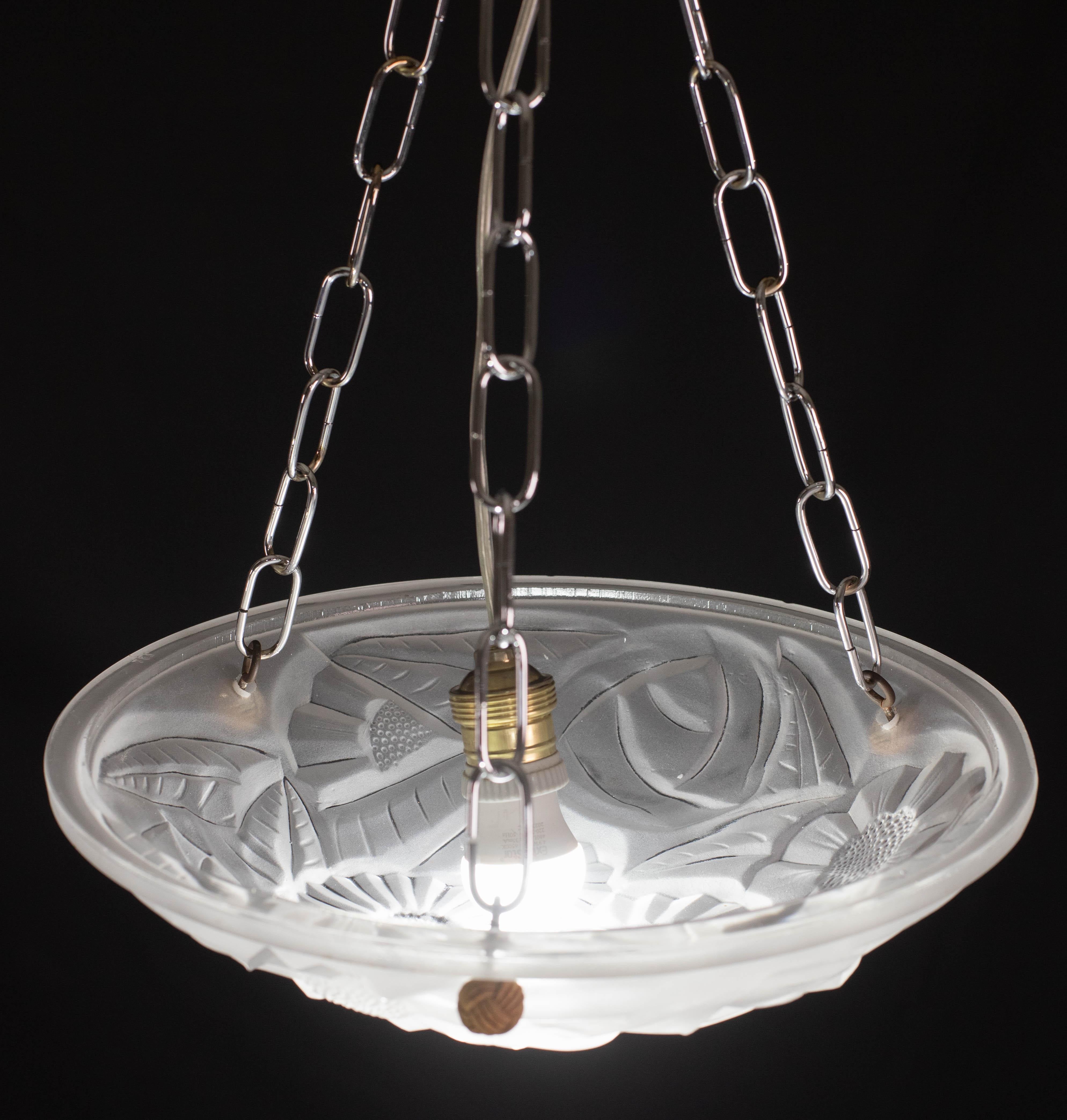 Early 20th Century Art Deco Top Quality Pendant Light Floral decorations, Signed Degué For Sale