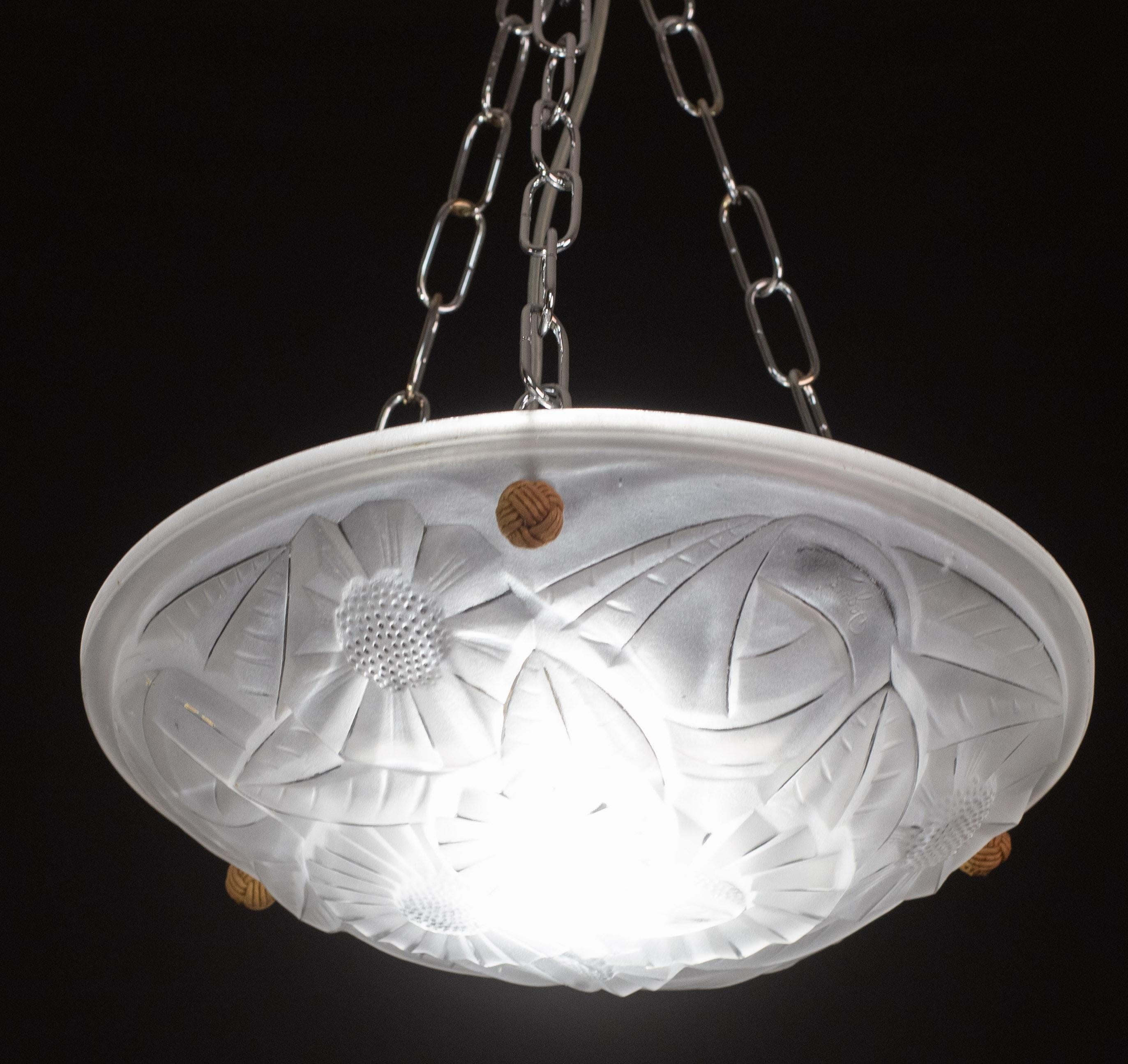 Glass Art Deco Top Quality Pendant Light Floral decorations, Signed Degué For Sale