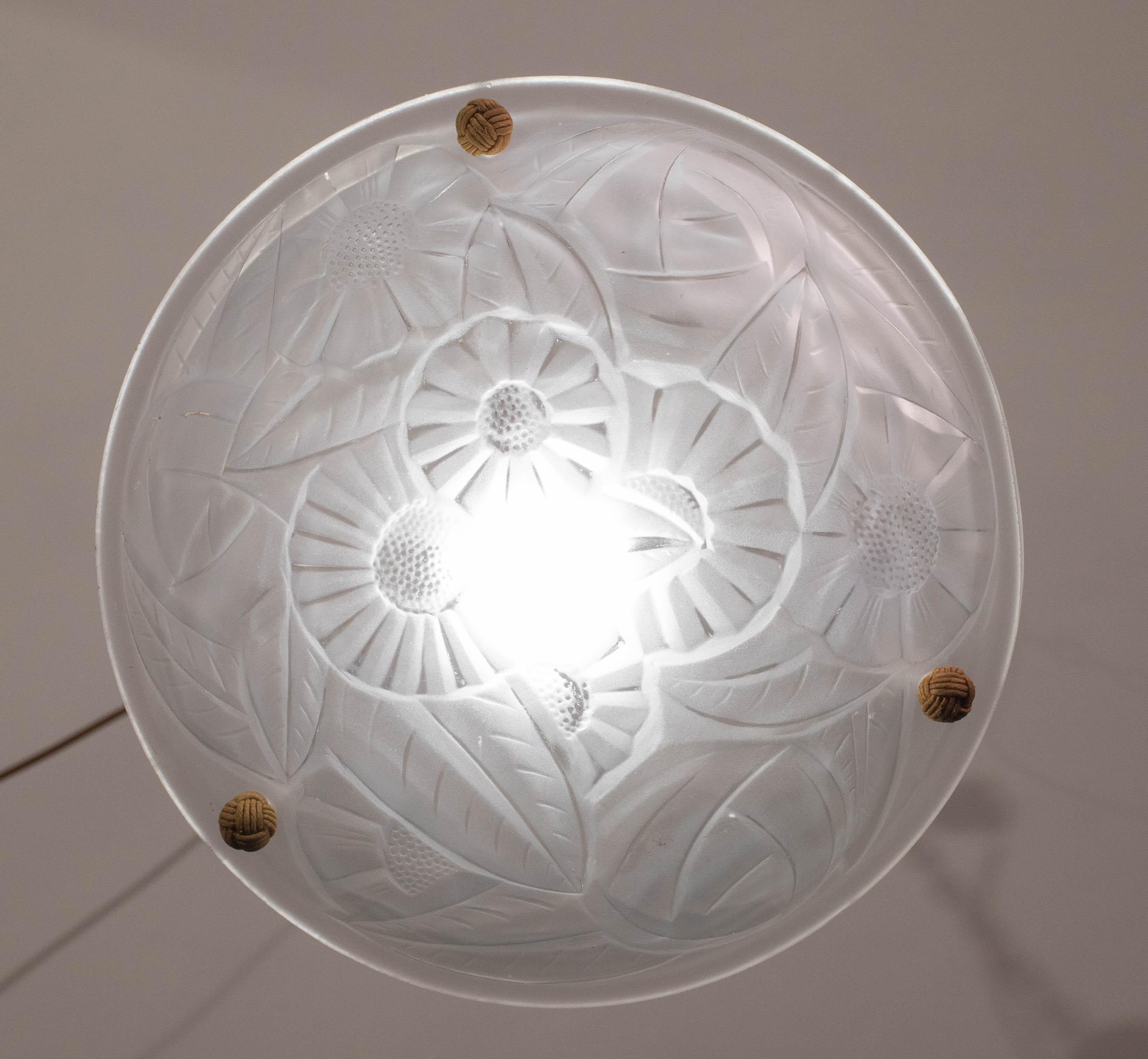 Art Deco Top Quality Pendant Light Floral decorations, Signed Degué For Sale 1