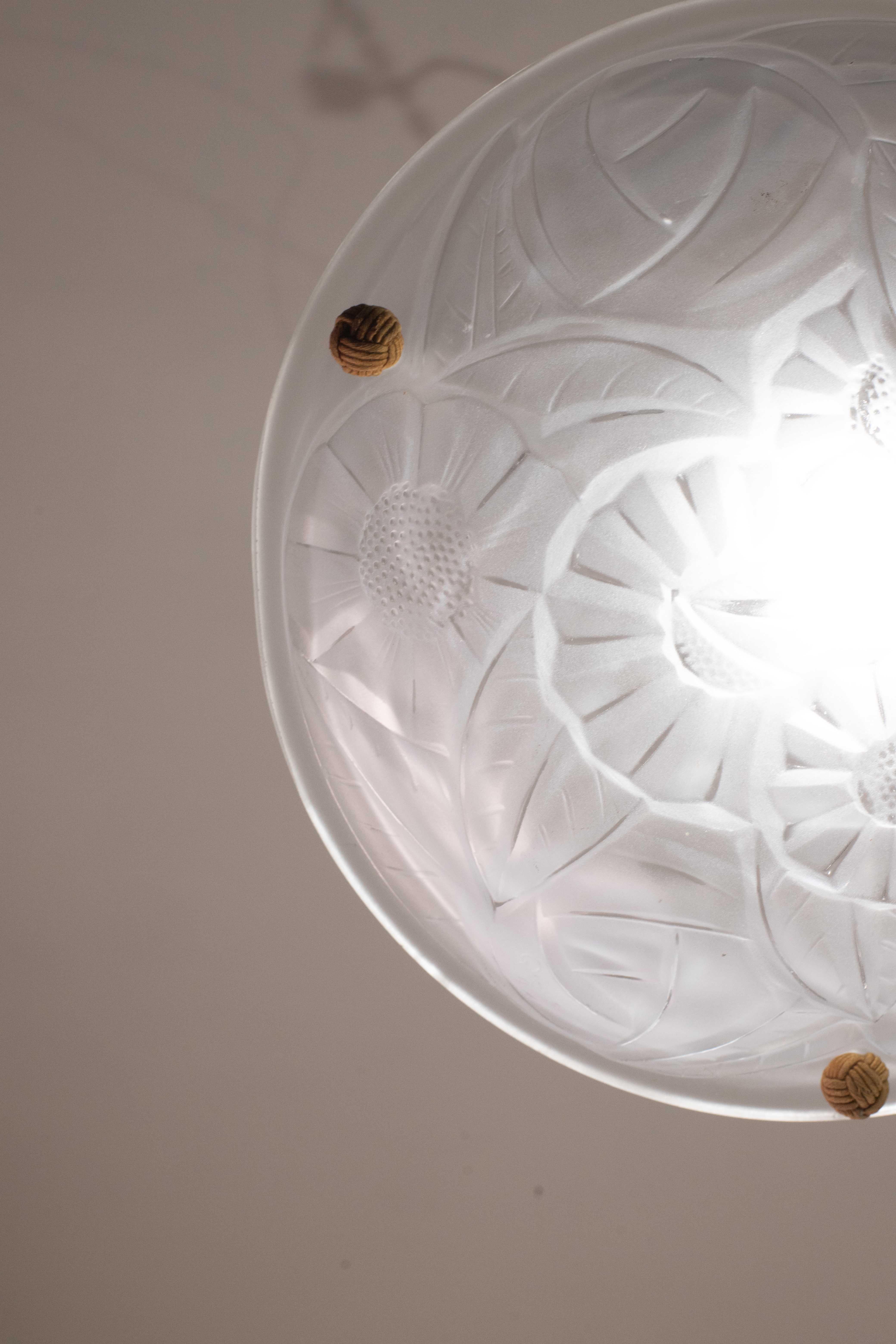 Art Deco Top Quality Pendant Light Floral decorations, Signed Degué For Sale 2