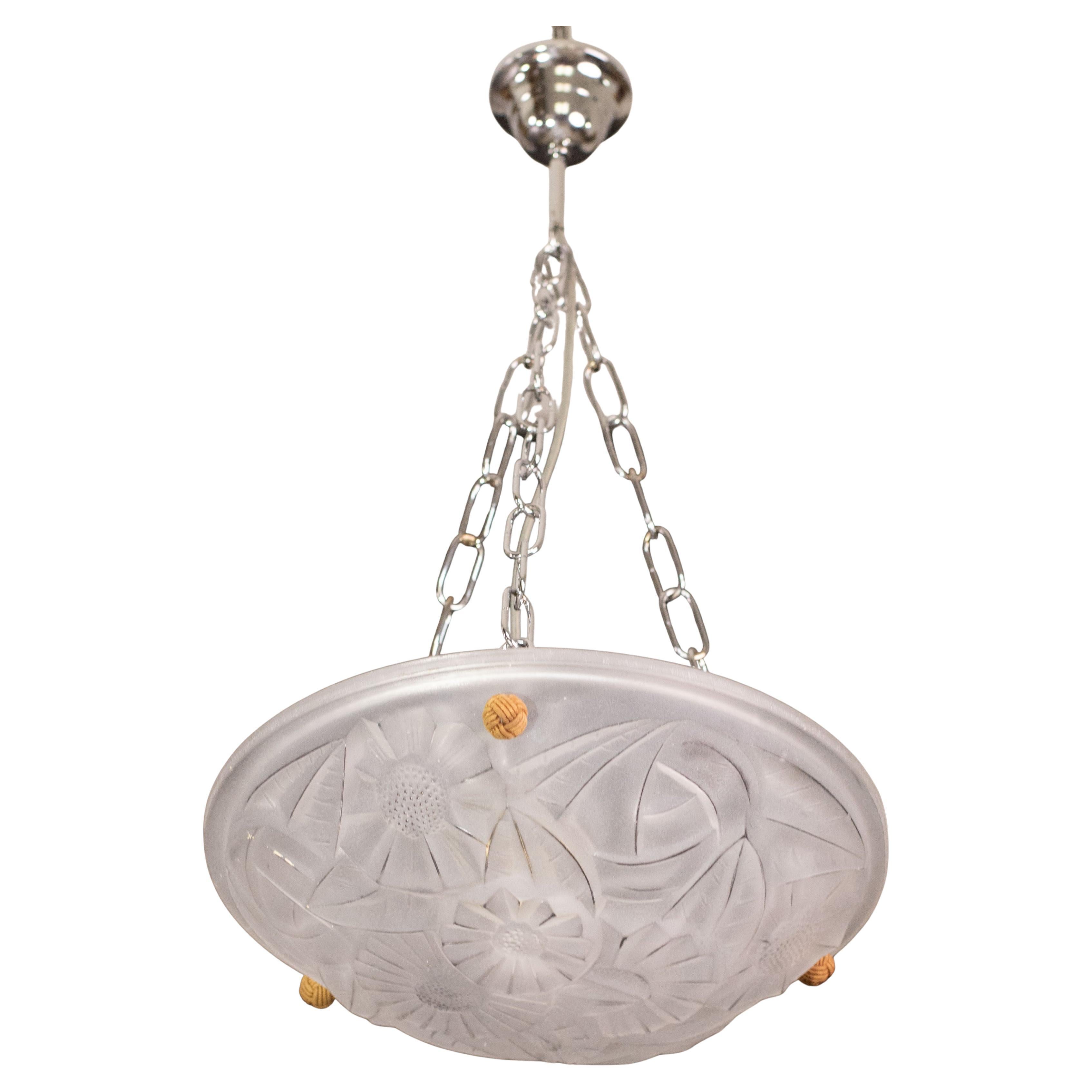 Art Deco Top Quality Pendant Light Floral decorations, Signed Degué For Sale