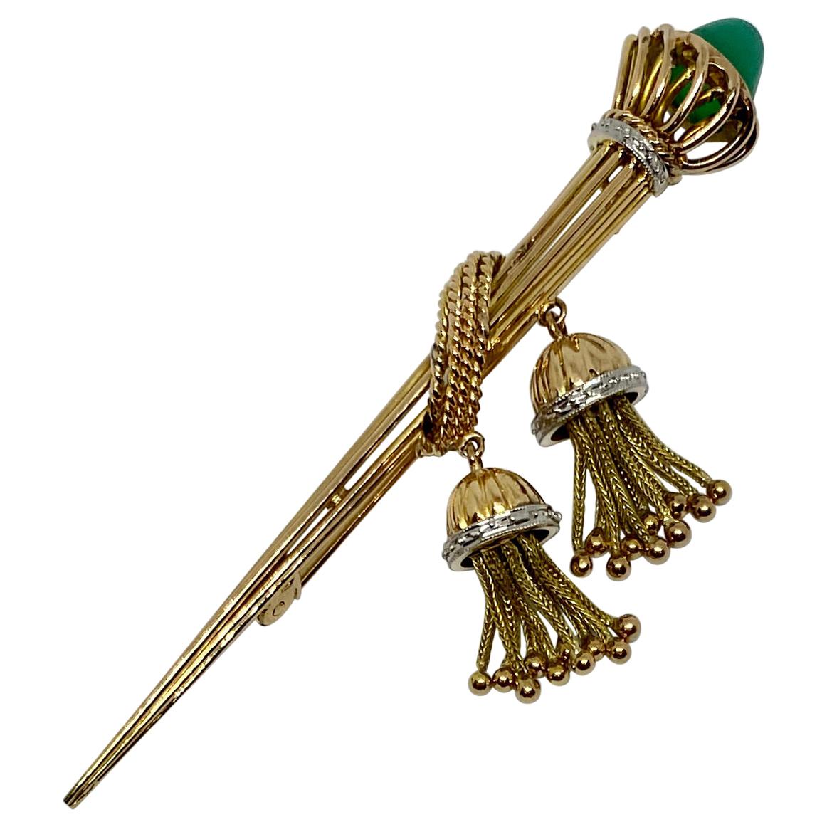 Antique "Torch" Brooch in 18K Gold with Chrysoprase "Flame" and Gold Tassels