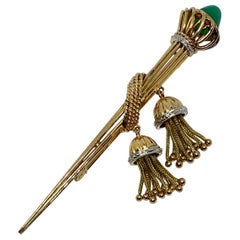 Antique "Torch" Brooch in 18K Gold with Chrysoprase "Flame" and Gold Tassels