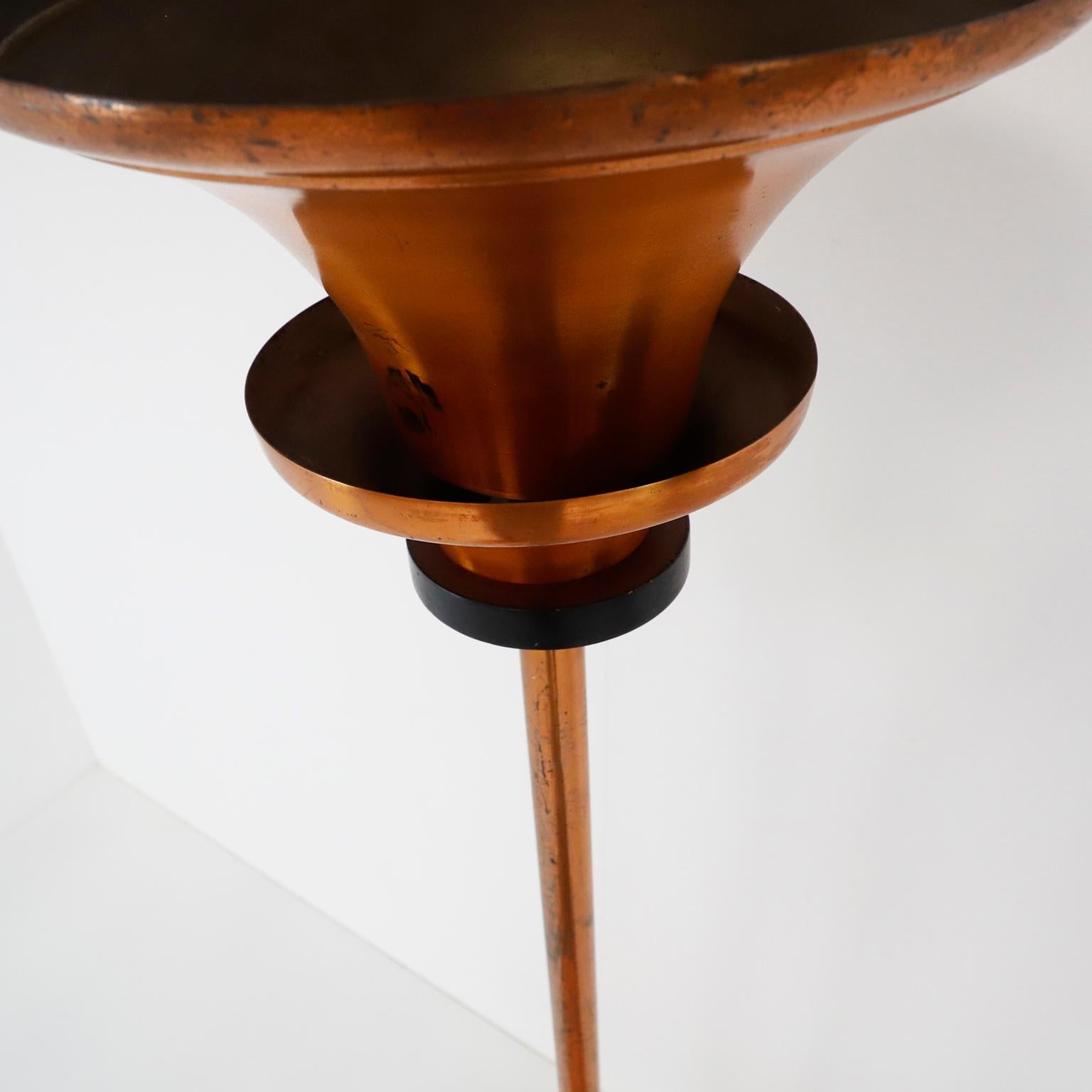 American Art Deco Torchiere Floor Lamp Made in Cooper and Wood Details, 1920s For Sale