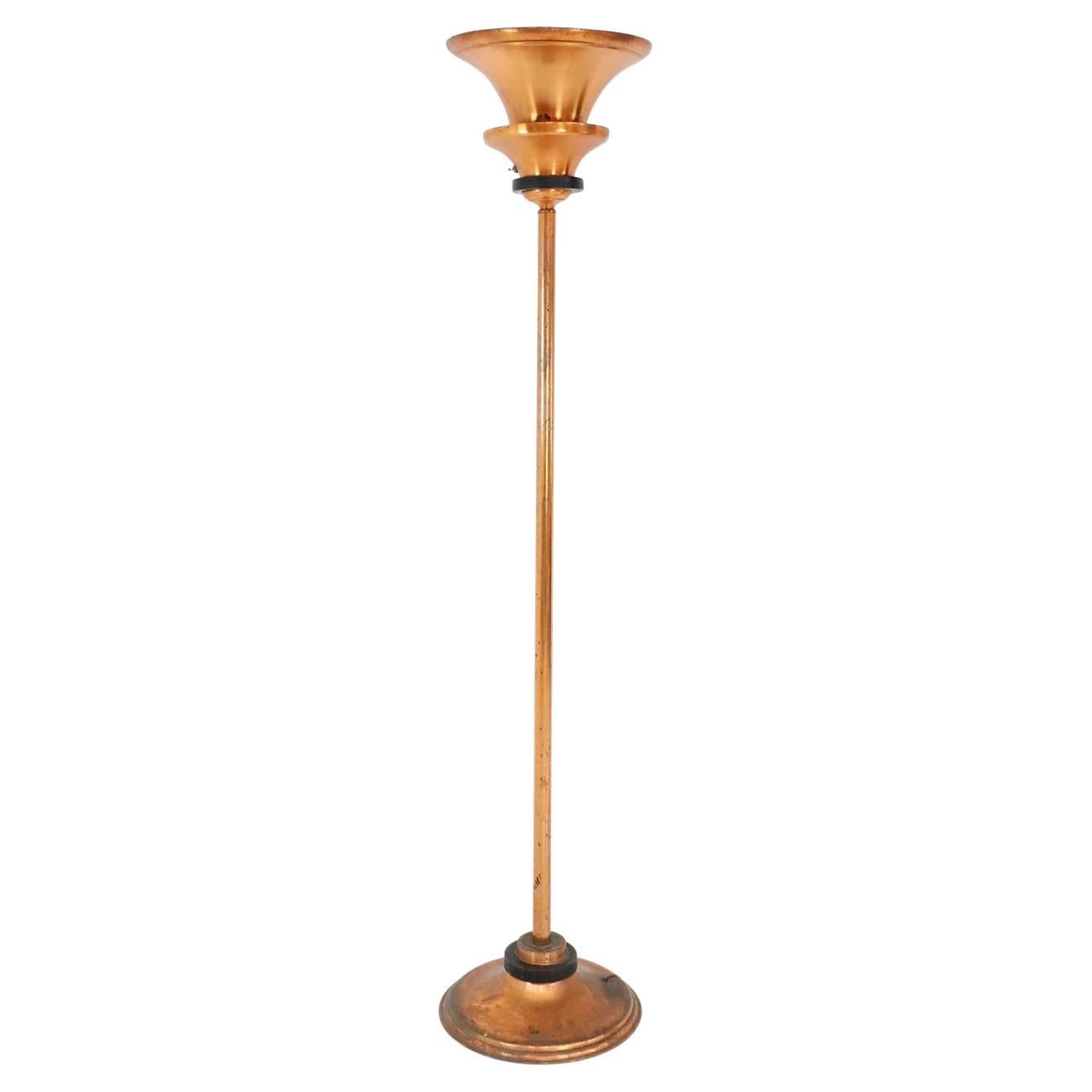 Art Deco Torchiere Floor Lamp Made in Cooper and Wood Details, 1920s For Sale