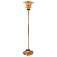 Art Deco Torchiere Floor Lamp Made in Cooper and Wood Details, 1920s
