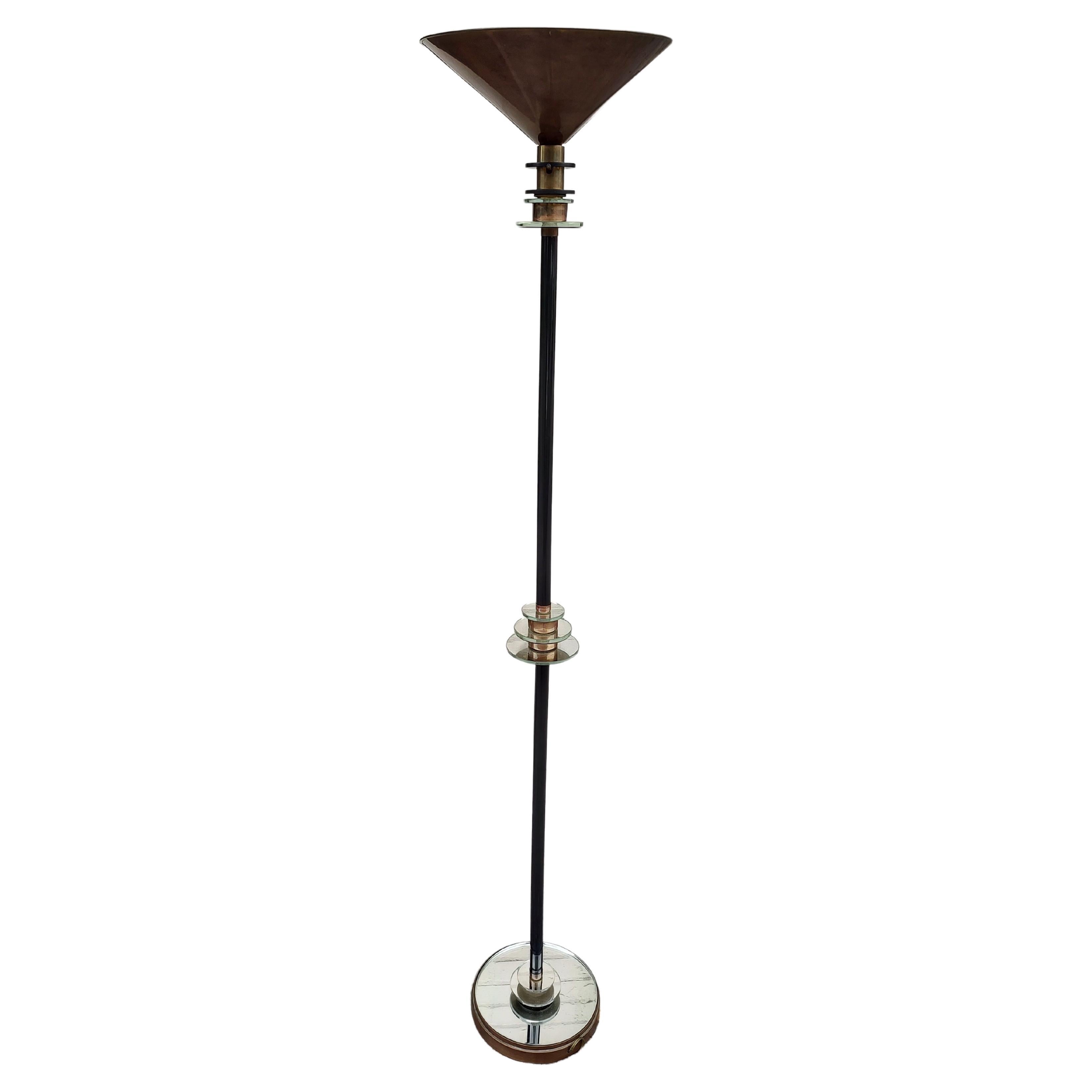 Metal Art Deco Torchiere Floor Lamp with Stepped Mirror Design For Sale