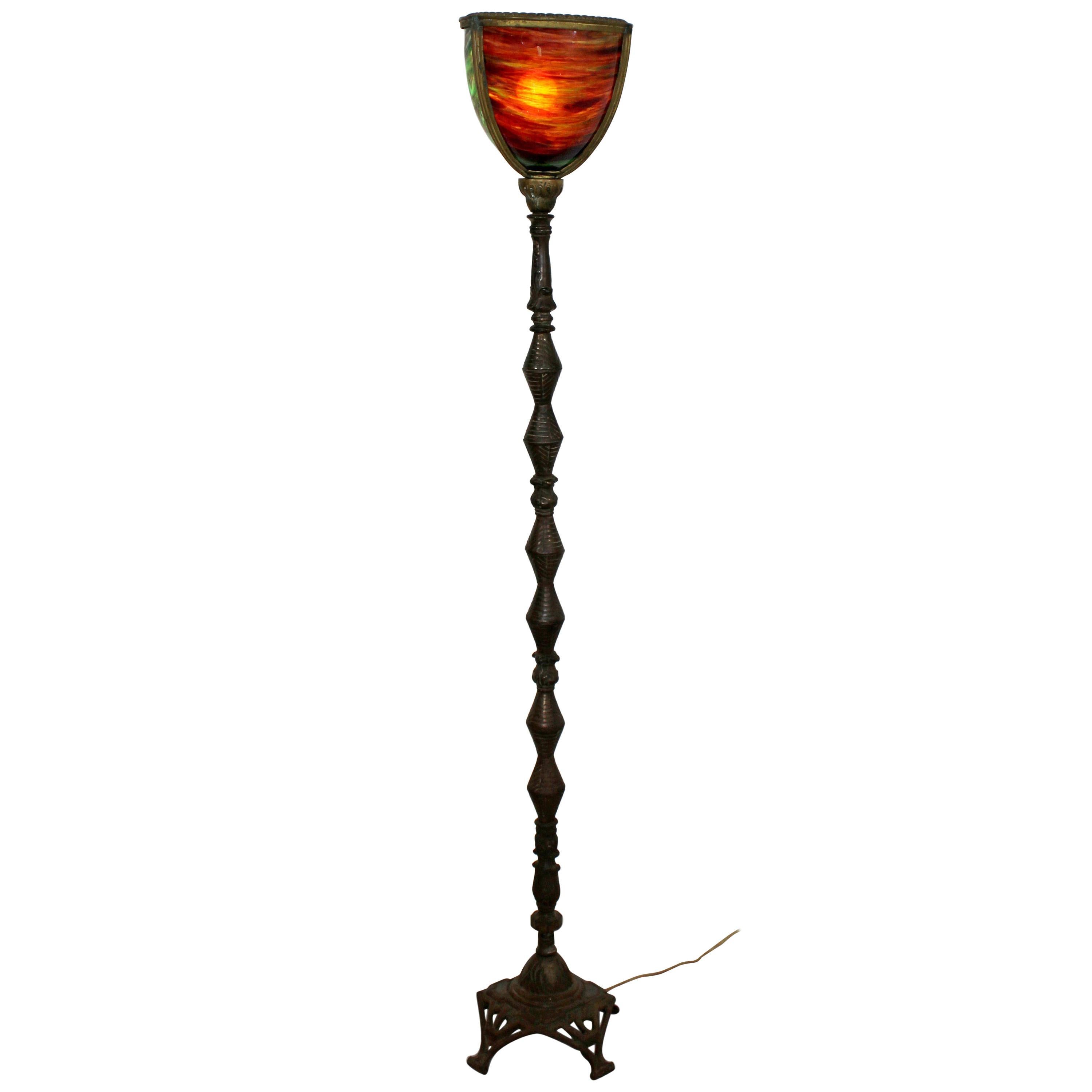 Art Deco Torchiere Metal and Colored Glass Floor Lamp