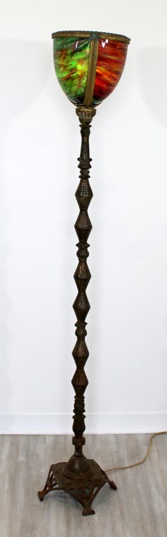 Art Deco Torchiere Metal and Colored Glass Floor Lamp