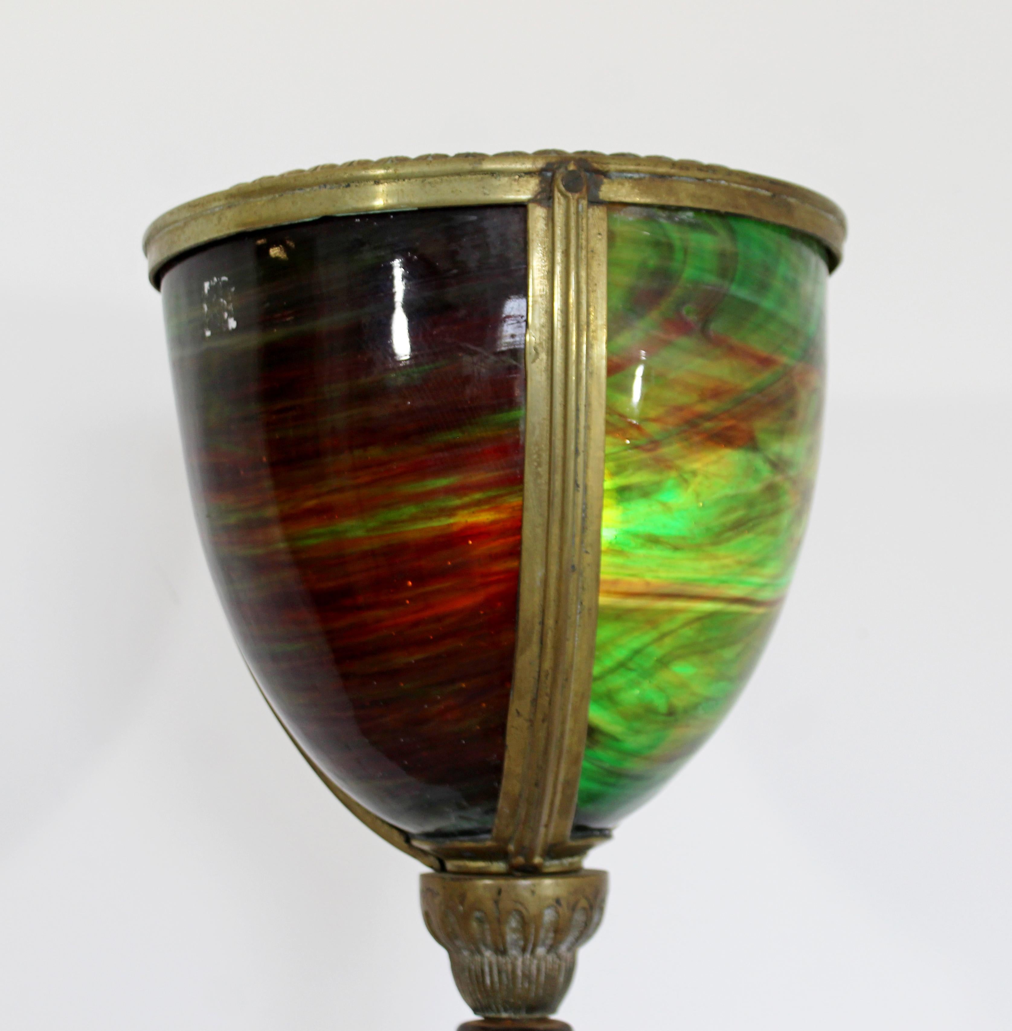 20th Century Art Deco Torchiere Metal and Colored Glass Floor Lamp