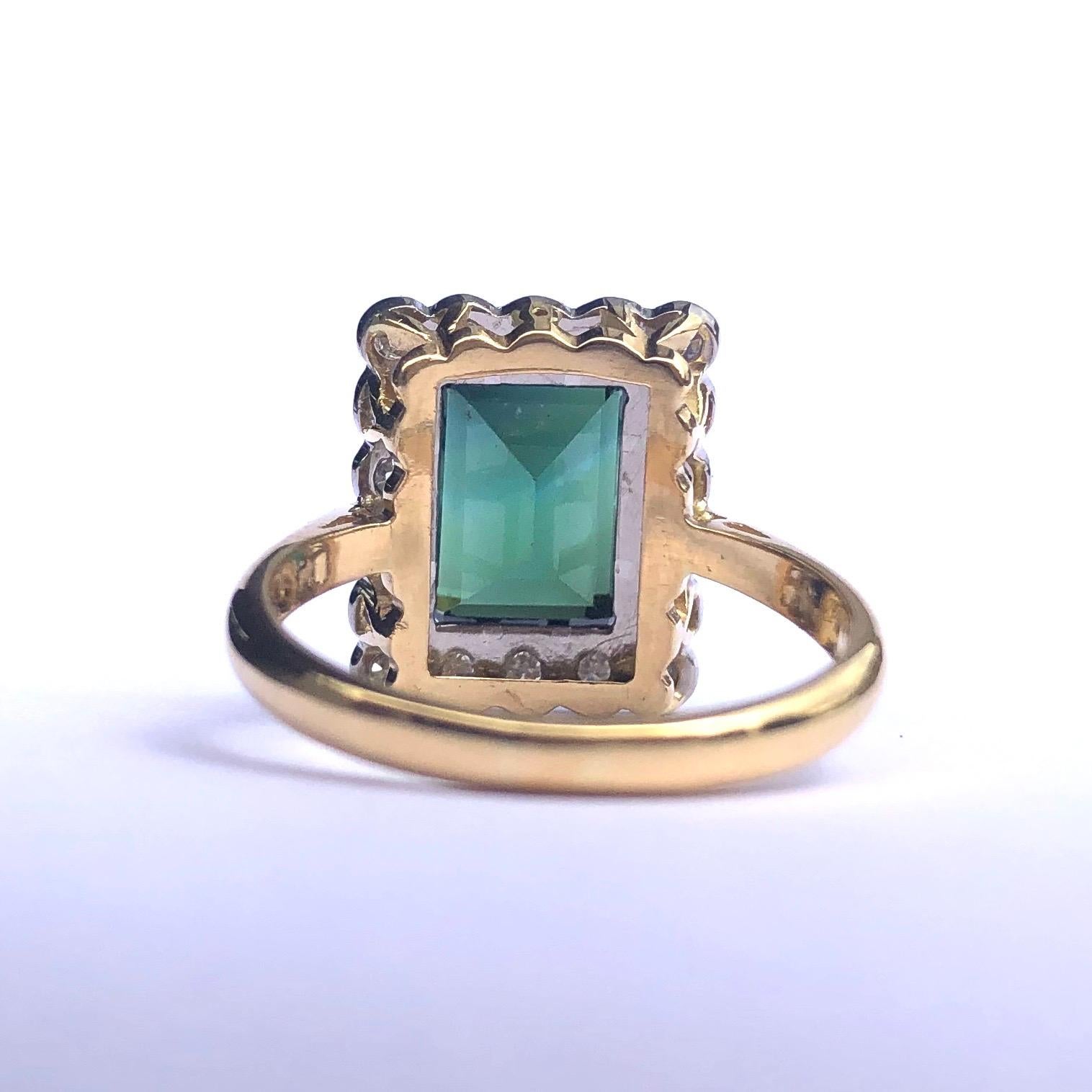 Emerald Cut Art Deco Tourmaline and Diamond 18 Carat Gold Cluster Ring