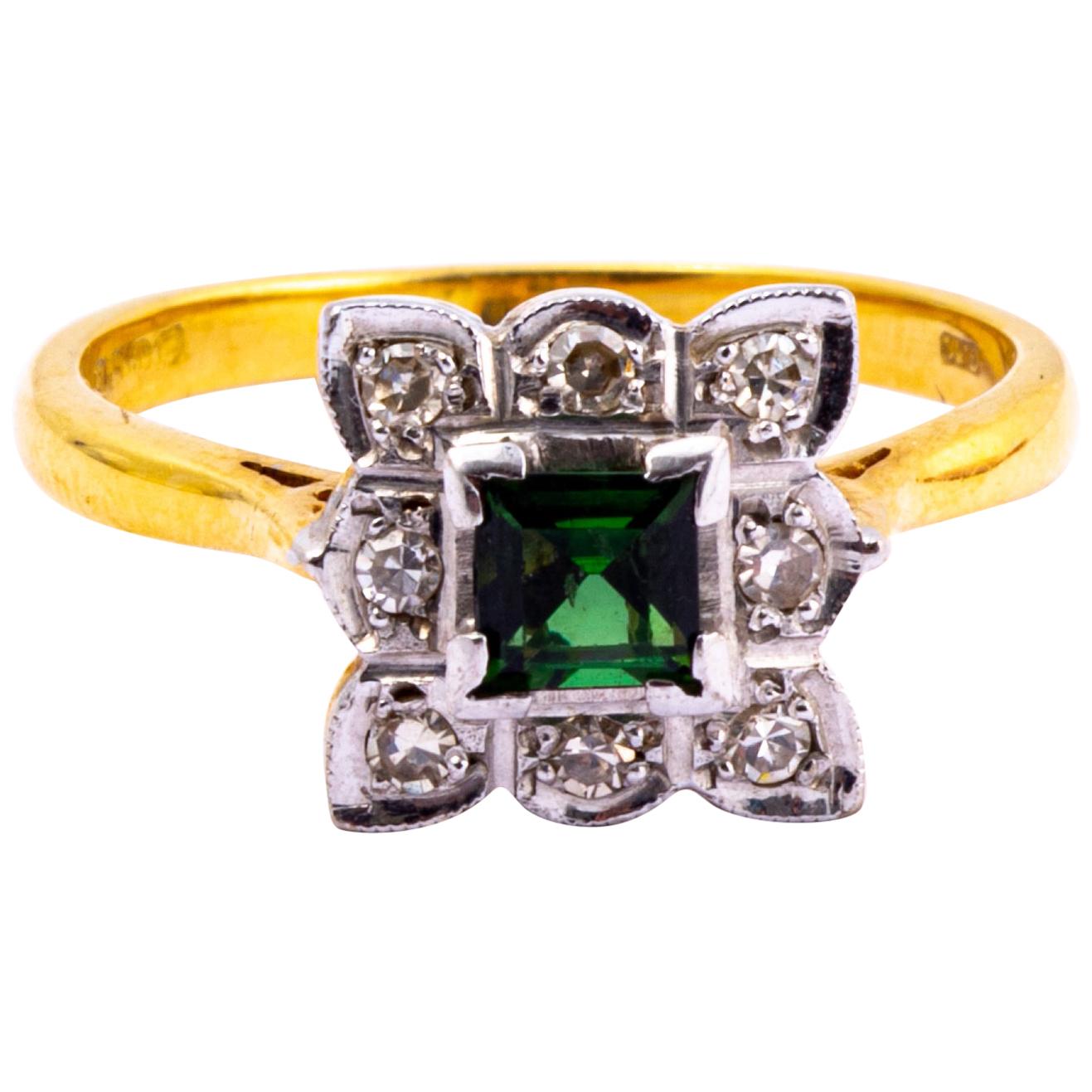 Art Deco Tourmaline and Diamond 18 Carat Gold Cluster Ring
