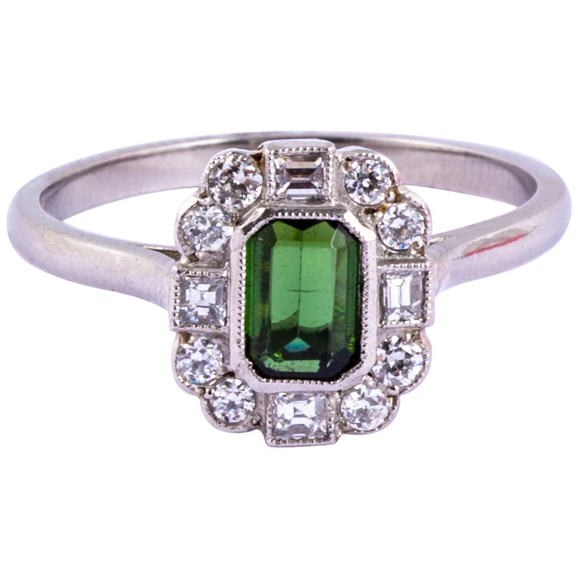 Art Deco Tourmaline and Diamond Platinum Ring For Sale