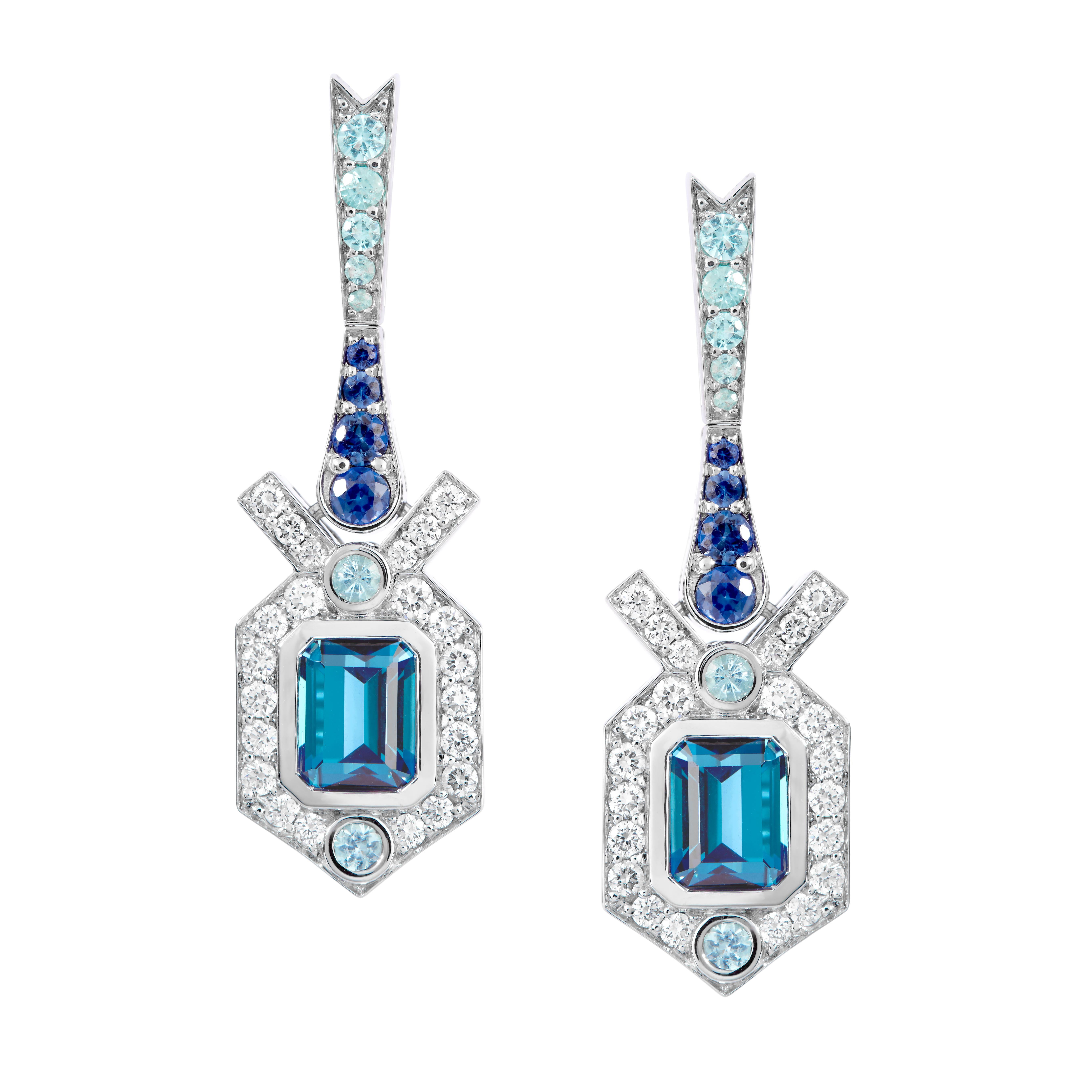 Art Deco Turmalin Blauer Saphir und Diamant 18K Weißgold Ohrringe im Angebot
