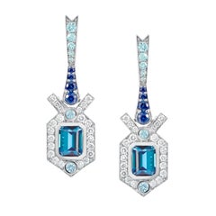 Art Deco Tourmaline Blue Sapphire and Diamond 18K White Gold Earrings