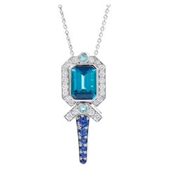 Collana Art Deco con tormalina, zaffiro blu e diamanti in oro bianco 18 carati