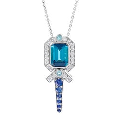 Art Deco Tourmaline Blue Sapphire and Diamond 18K White Gold Necklace