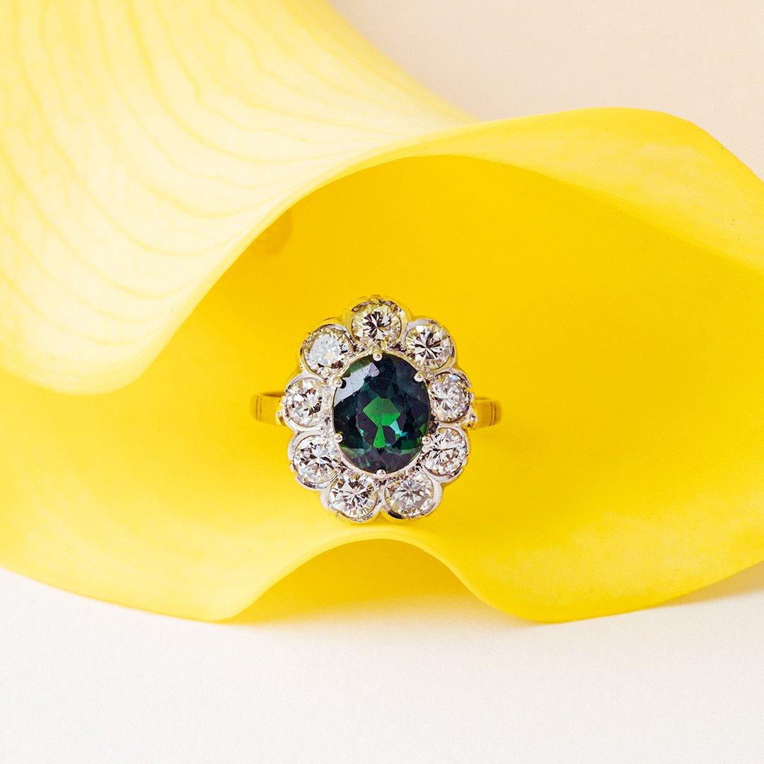 Women's Art Deco Tourmaline Diamond Platinum Cluster Engagement Ring