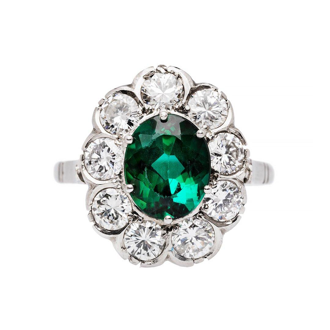 Art Deco Tourmaline Diamond Platinum Cluster Engagement Ring