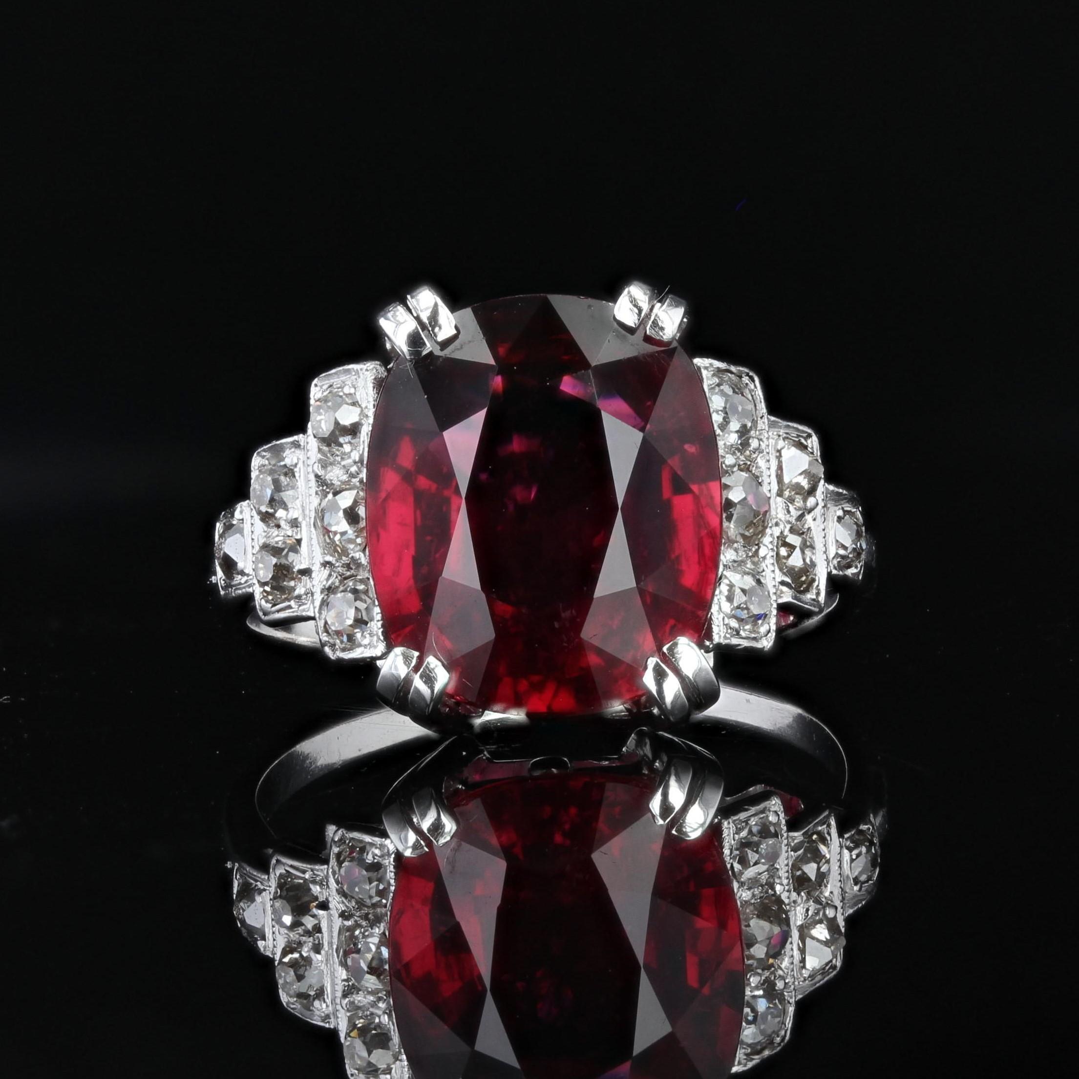 Art Deco Tourmaline Rubelite Diamonds 18 Karat White Gold Ring In Excellent Condition In Poitiers, FR