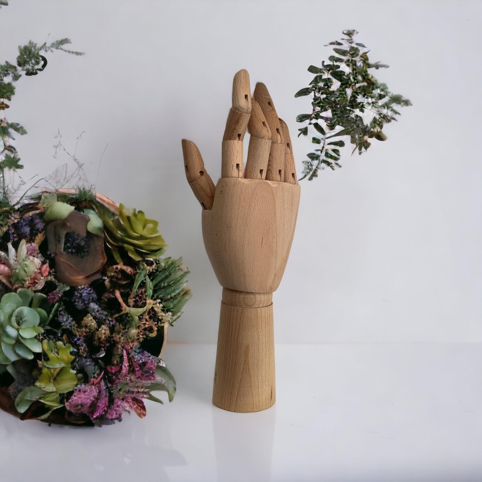 A handmade wooden Artist mannequin hand model - all joints move as they should. Found on an Estate sale in Vienna, Austria.
Shows some minor wear - but looks beautiful on display! Some scratches and a nice patina due to the age.