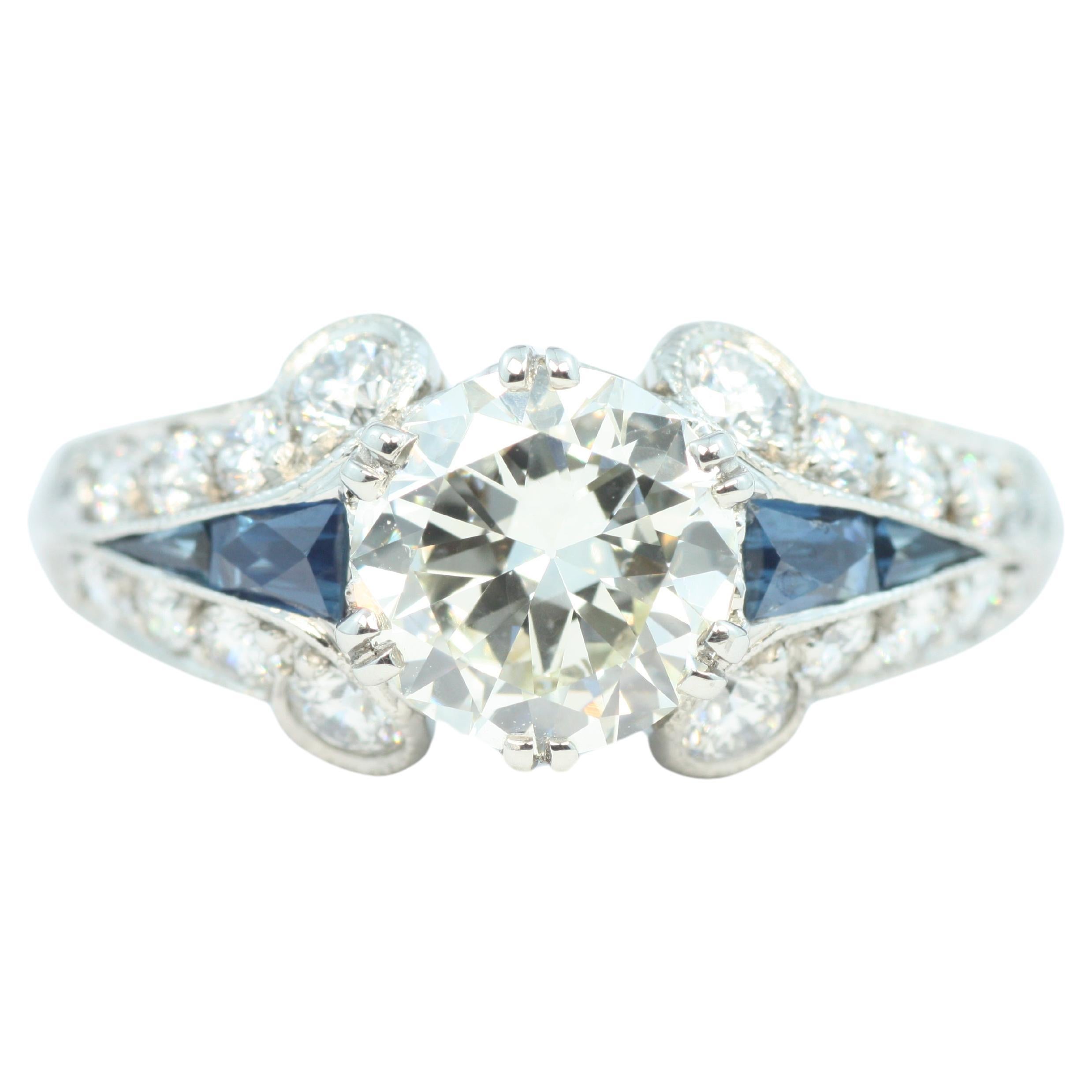 Art Deco Verlobungsring im Übergangsschliff mit 1,14ct Diamant und Saphir aus Palladium im Angebot