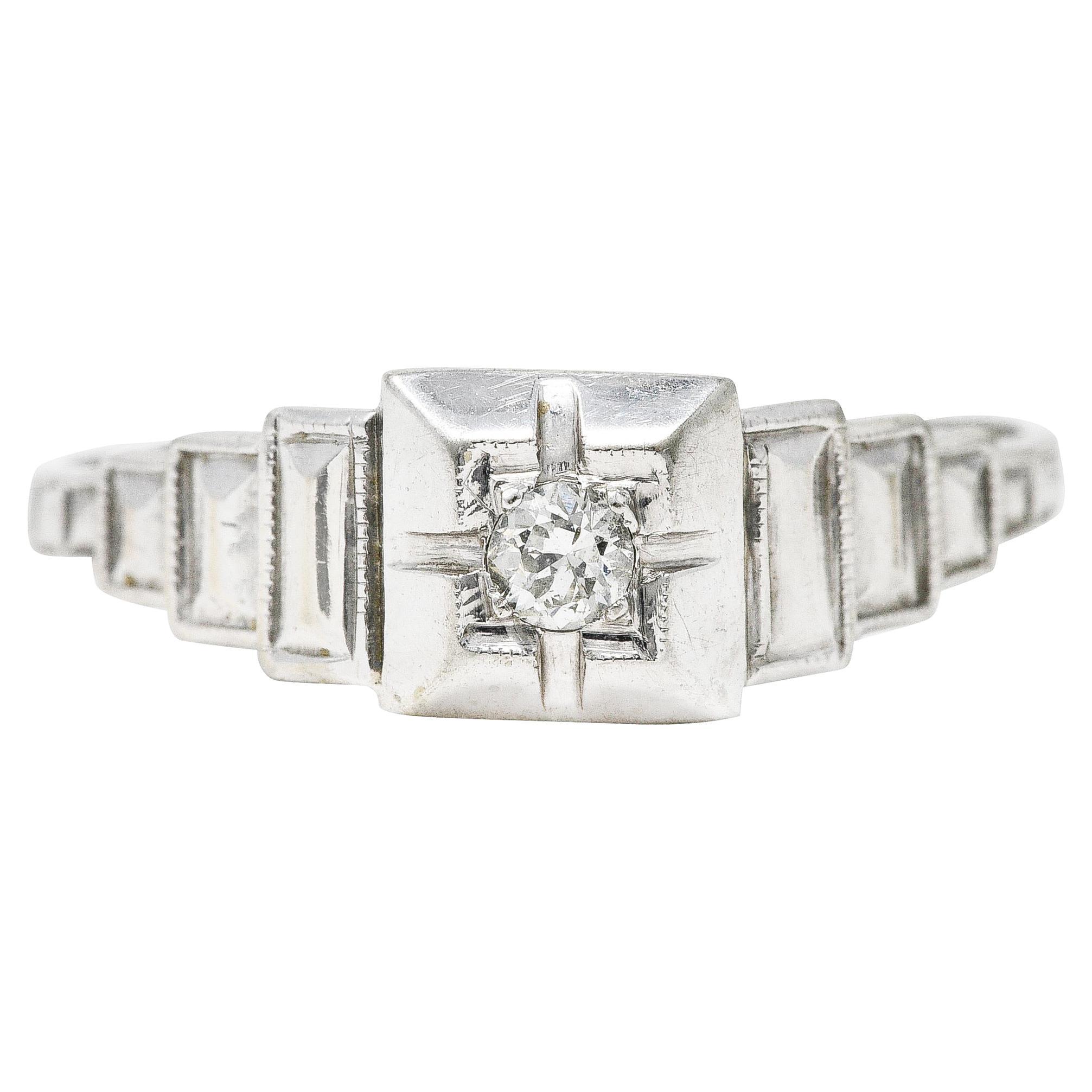 Art Deco Transitional Cut Diamond 18 Karat White Gold Vintage Engagement Ring