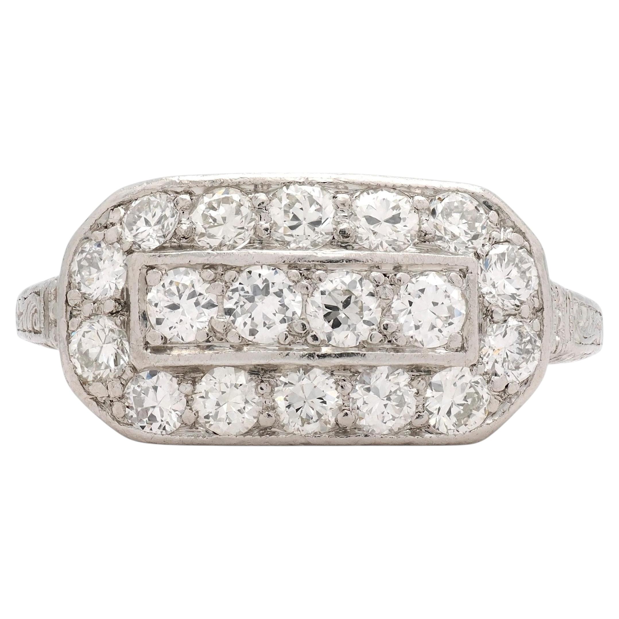 Art Deco Transitional Cut Diamond Platinum Vintage Scrolling Cluster Ring