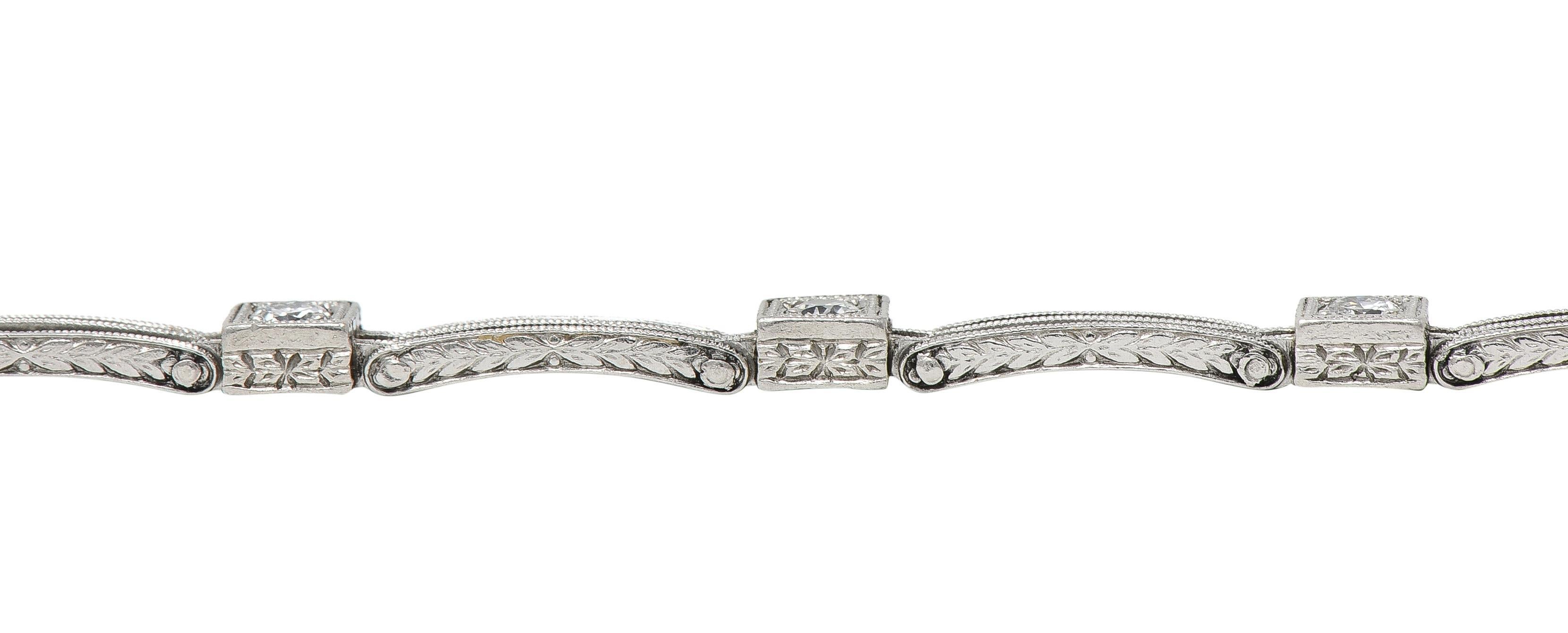 Art Deco Transitional Cut Diamond Platinum Wheat Station Link Antique Bracelet For Sale 5
