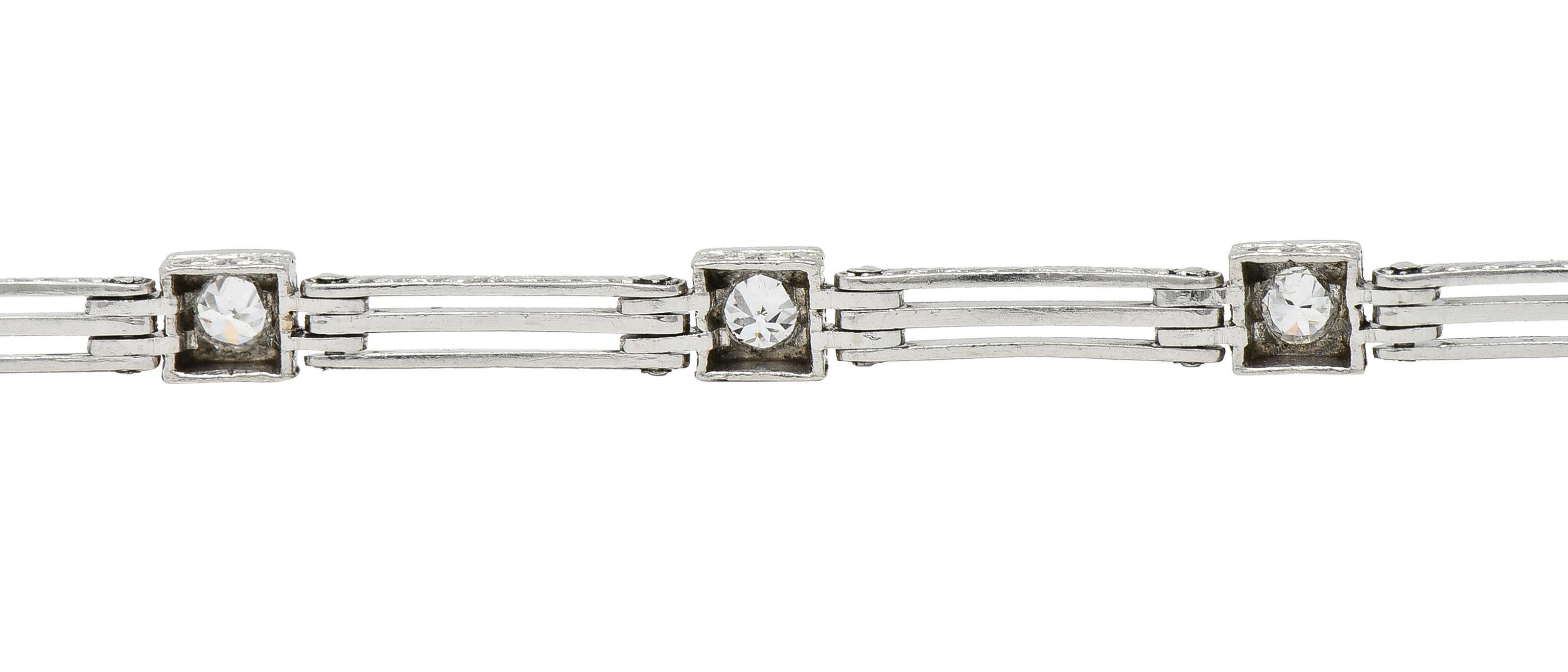 Art Deco Transitional Cut Diamond Platinum Wheat Station Link Antique Bracelet For Sale 6