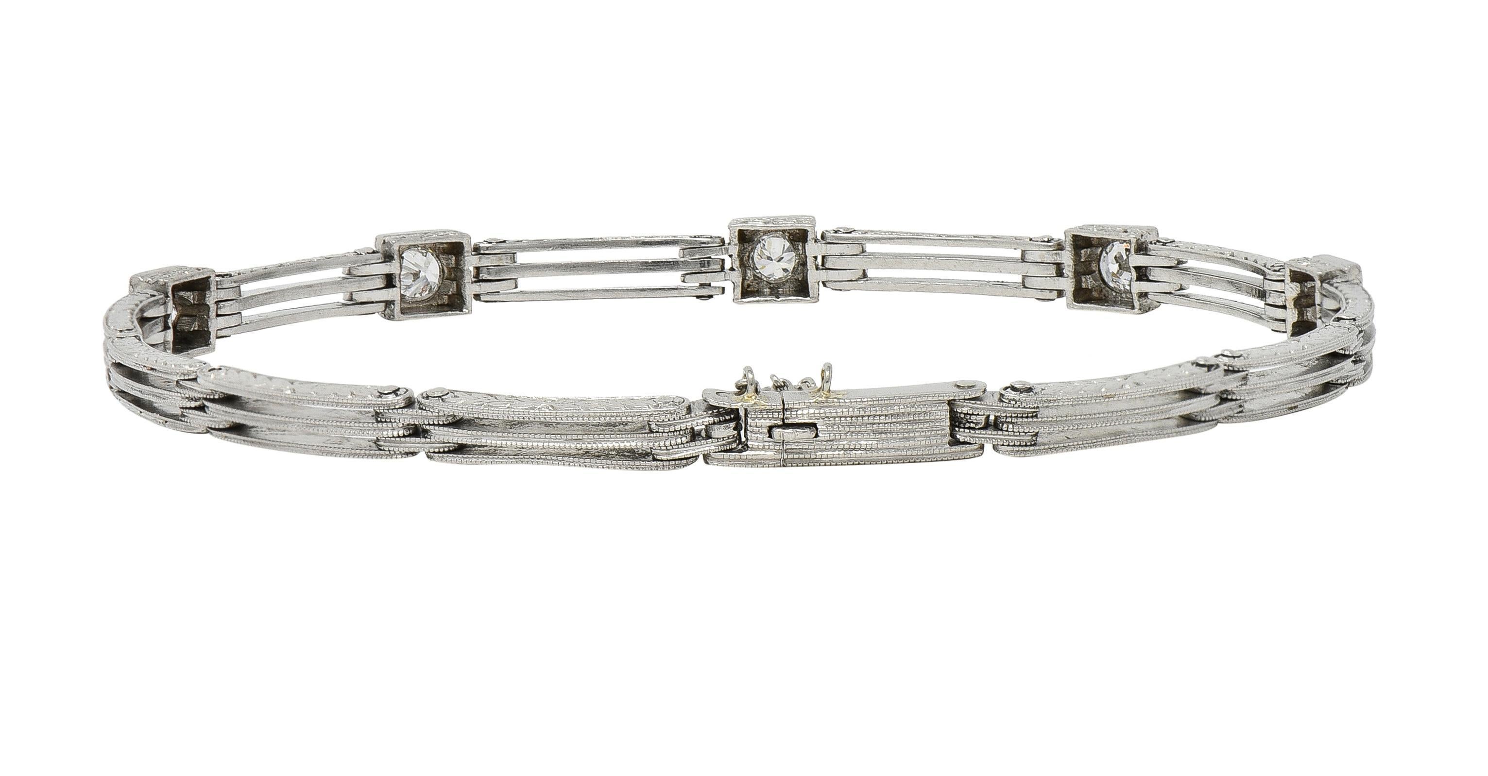 Art Deco Transitional Cut Diamond Platinum Wheat Station Link Antique Bracelet In Excellent Condition For Sale In Philadelphia, PA