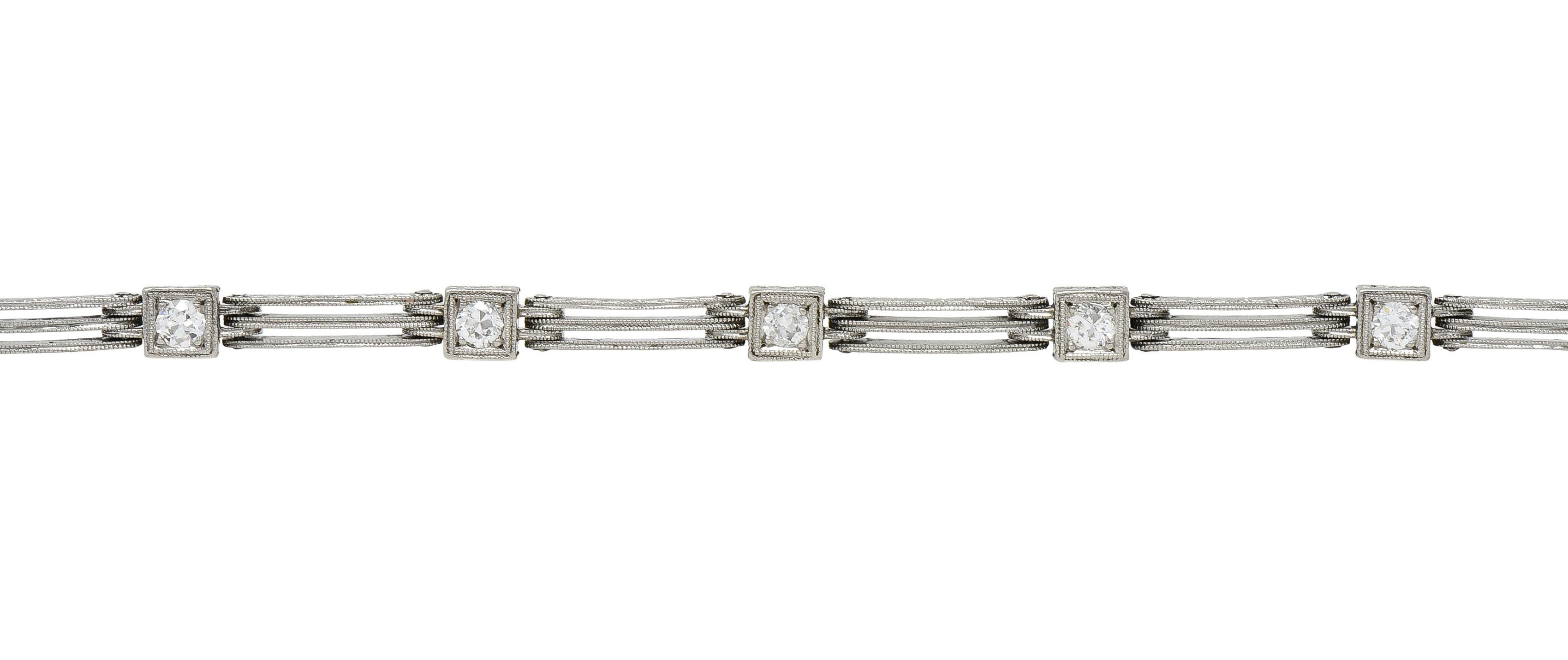 Art Deco Transitional Cut Diamond Platinum Wheat Station Link Antique Bracelet For Sale 1