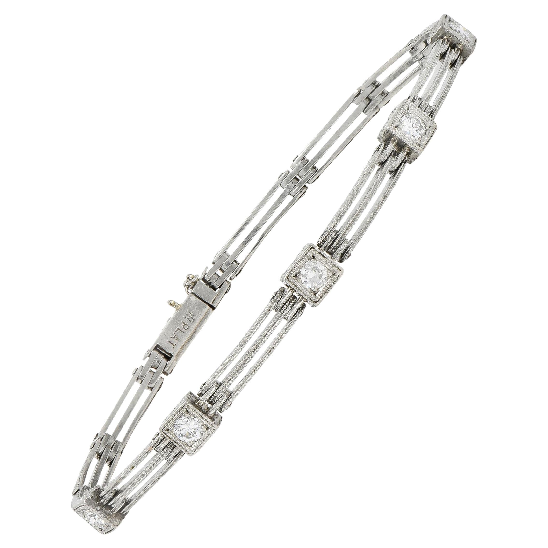 Art Deco Transitional Cut Diamond Platinum Wheat Station Link Antique Bracelet For Sale