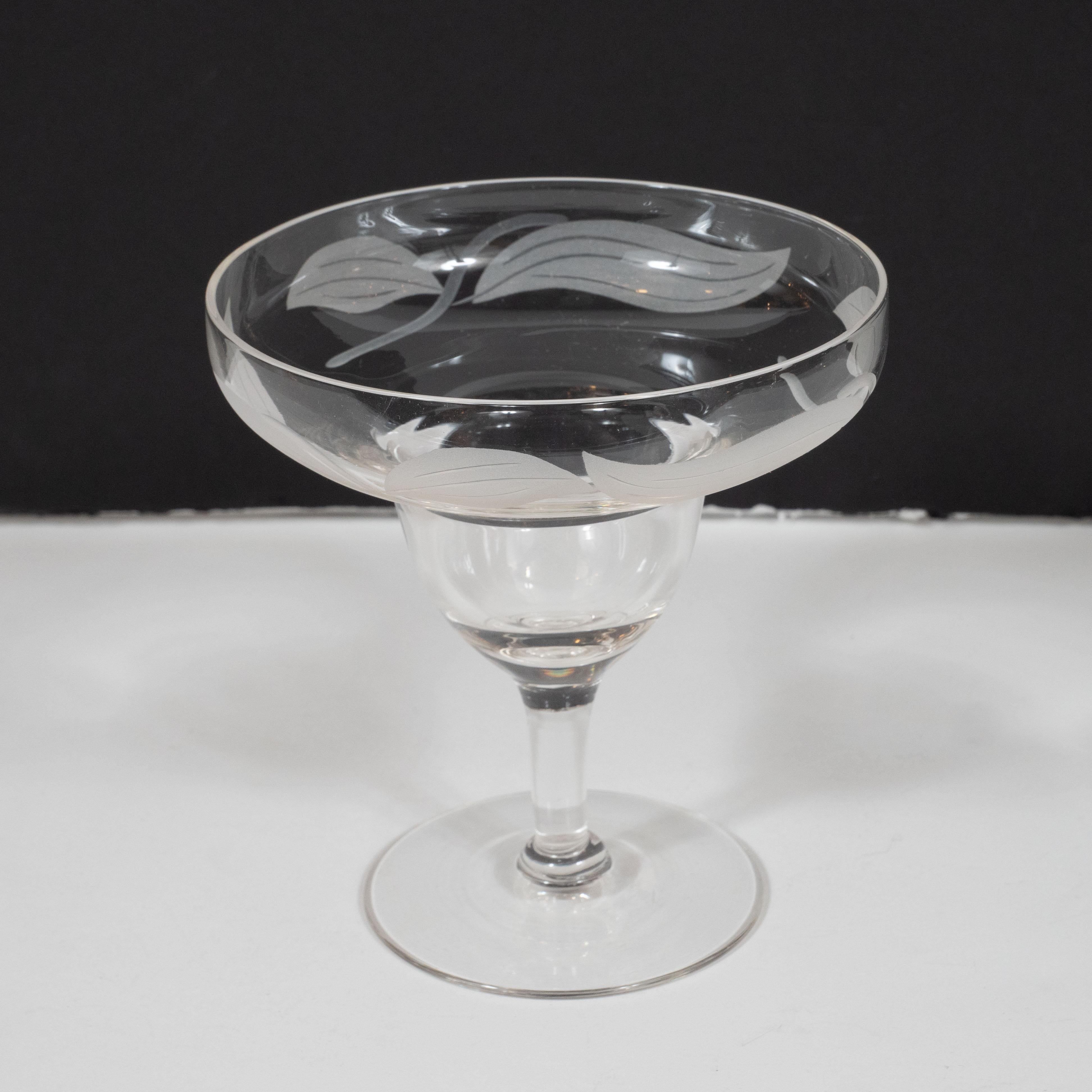 Art Deco Translucent Footed Glass Dessert Bowls with Frosted Foliate Detailing For Sale 2