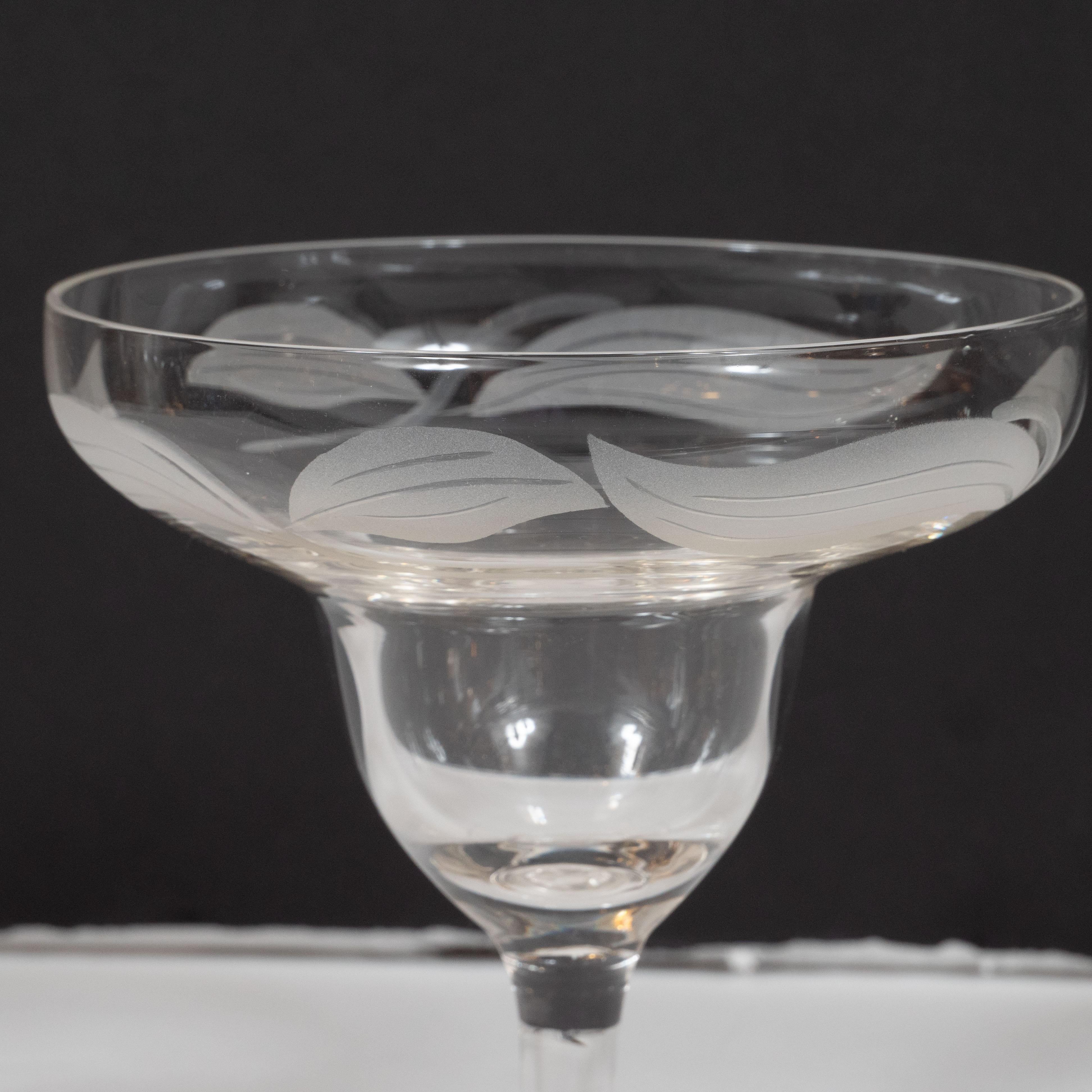 Art Deco Translucent Footed Glass Dessert Bowls with Frosted Foliate Detailing For Sale 3