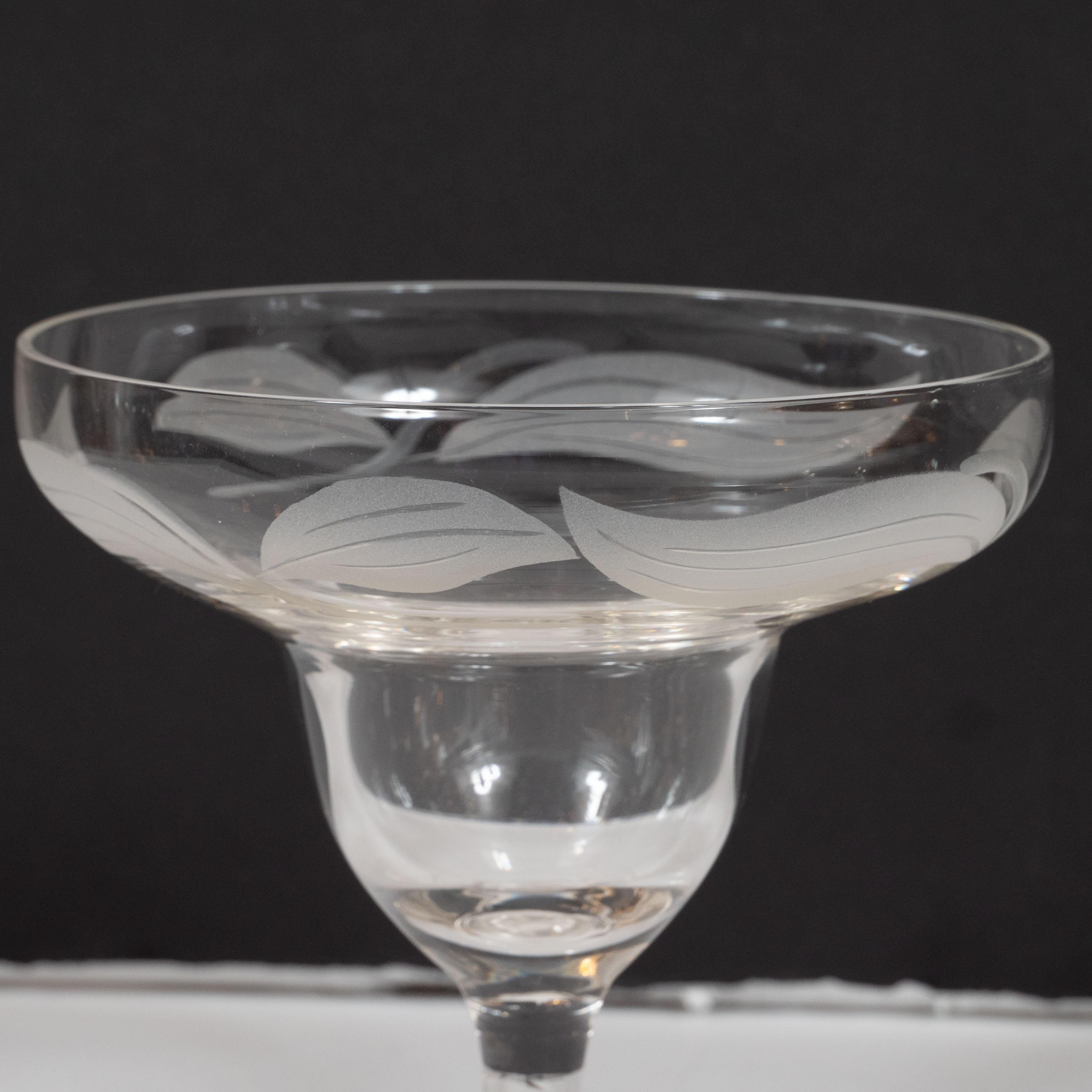Art Deco Translucent Footed Glass Dessert Bowls with Frosted Foliate Detailing For Sale 4